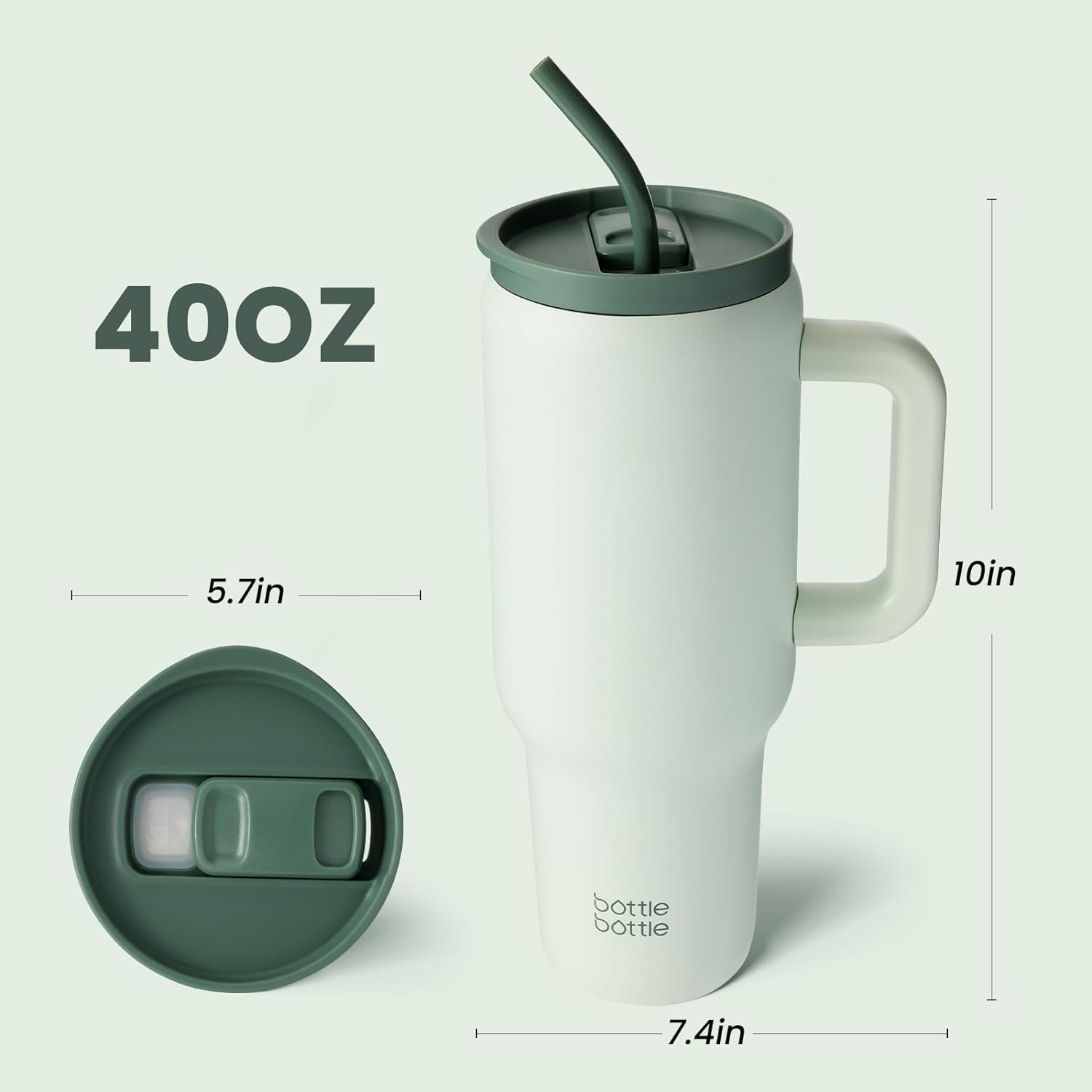 BOTTLE BOTTLE 40Oz Tumbler with Straw and Lid Insulated Travel Mug 1180Ml Stainless Steel Car Coffee Cup with Handle for Gifts Party Office (Green) image number 3