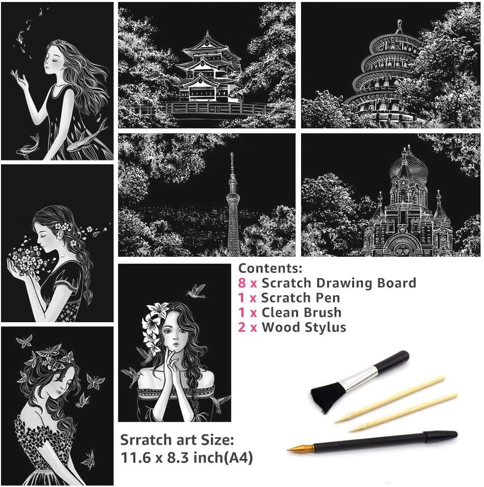 Scratch Art for Kids & Adult, Magic Rainbow Flower Engraving Painting Paper, Landscape Scratchboard(A4) Sketch Beautiful Crafts Set: 8 Sheets with 4 Tools - Drawing Pens, Cleaning Brush(Girl/Sakura) image number 1