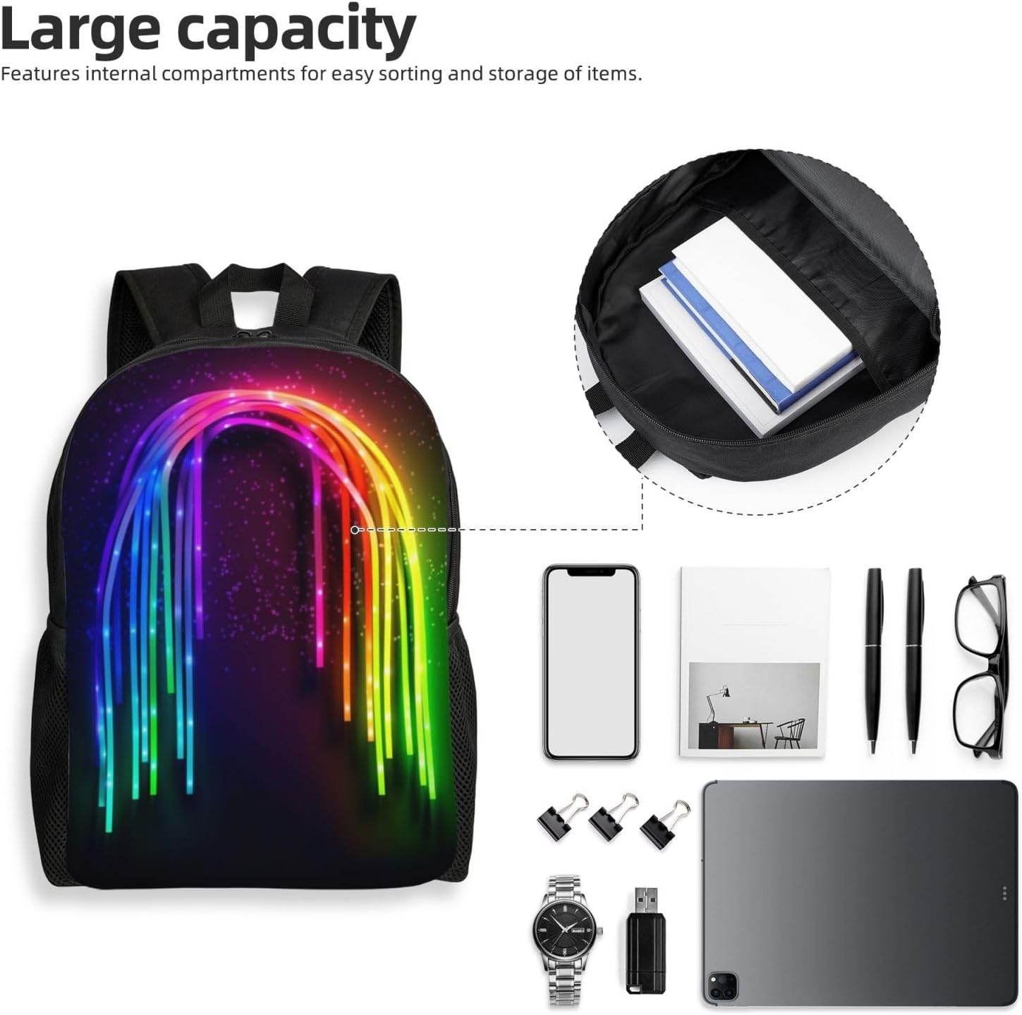 FJWSLCH Rainbow Neon Backpack for Women Men Laptop Backpack 16.1 Inch Computer Bag Casual Daypack for Travel, Black, One Size, Travel Backpacks image number 6