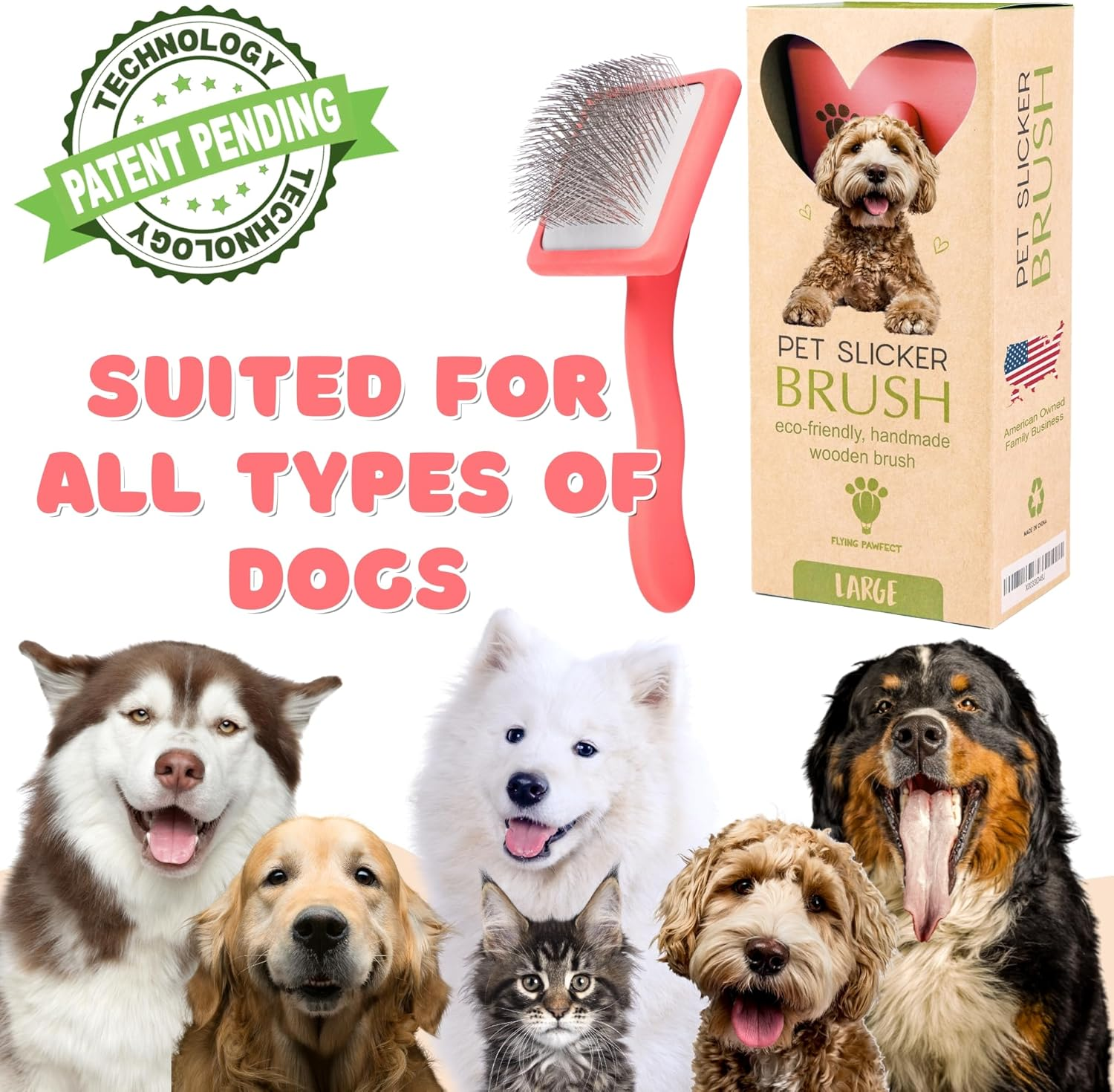 Pet Slicker Brush with Soft Massage Grooming Stainless Steel Pins - Slide This Universal Miracle Coat Slicker Brush for Dematting, Shedding Fur, and Undercoat - Professional Tool - Long Slicker Brush - Flying Pawfect image number 6