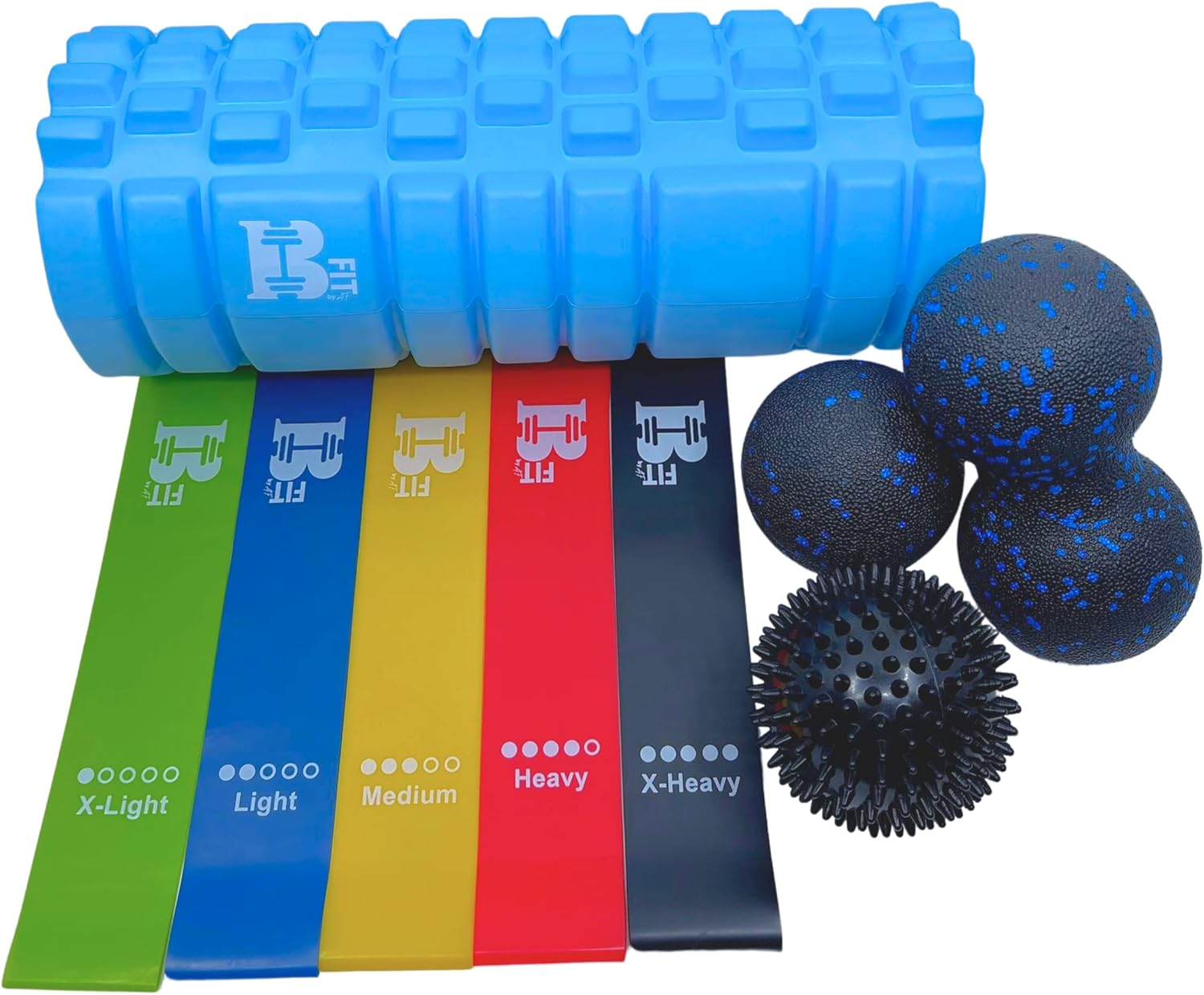 BFIT 9 in 1 Foam Roller Set Includes Massage Roller with 5 Loop Resistance Bands, Solid Massage Ball, Double Lacrosse Peanut and Spikey Trigger Point Ball for Pain, Legs, Yoga & Physical Therapy (Black)
