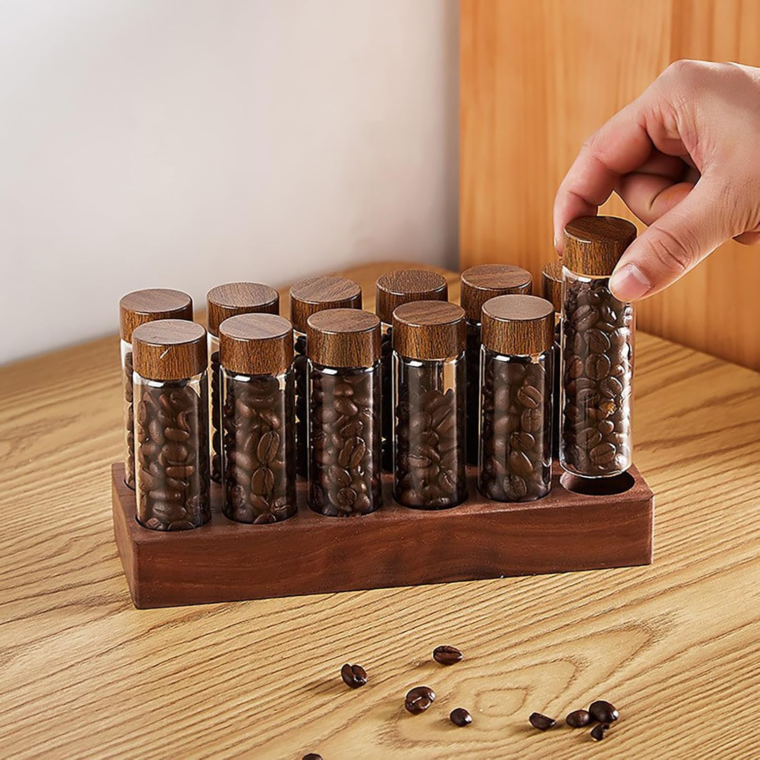 TREELF Coffee Bean Storage,Coffee Storage Container with Walnut Solid Wood Base,Coffee Bean Container,12 Tubes Single Dose with Wooden Holder(Type 2) image number 4