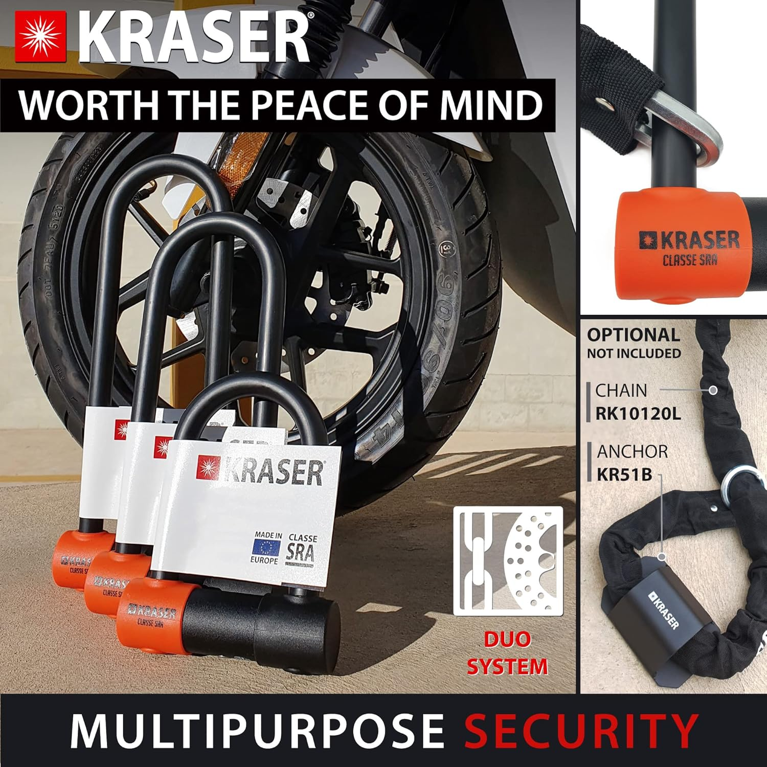 KRASER KR85S Robust U Lock, SRA Approved, High Security Tested, 85X120Mm/3.34X4.72In &Oslash;18Mm/0.7In Double Locking Shackle, Anti-Pick Lock, anti Theft U Lock for Motorcycle, Scooter, Electric Bike image number 1