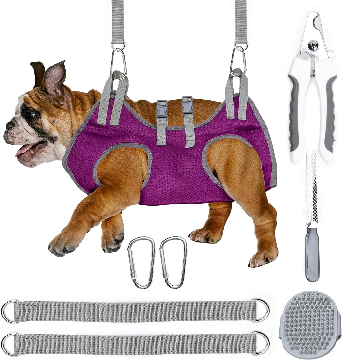 Dog Grooming Hammock - Pet Grooming Hammock with Nail Clippers for Dogs, Nail File, and Dog Bath Brush - Dog Hammock for Grooming with Strong Center Straps for Extra Security (XS, Purple) image number 1