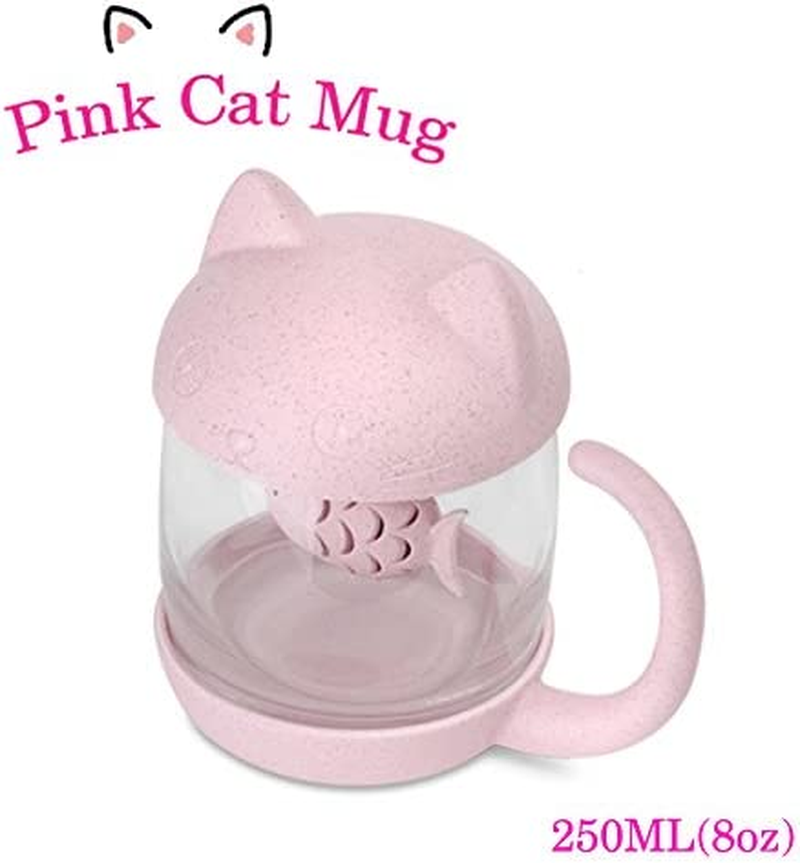 Cat Glass Tea Mug Water Bottle-With Fish Tea Infuser Strainer Filter 250ML（8OZ） (Pink)
