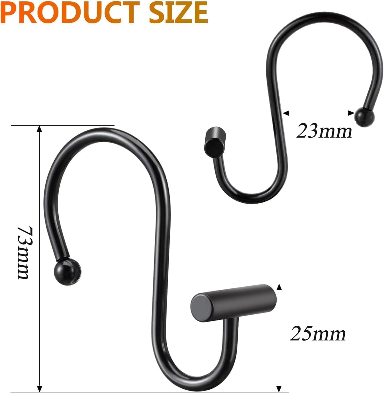 12 Pack Shower Curtain Hooks,Black Shower Curtain Hooks, Metal Durable Rust Proof, Smooth Glide S Hook for Bathroom, Shower Hook for Spa Center, Kitchen & Wardrobe S Hooks for Hanging (Black)