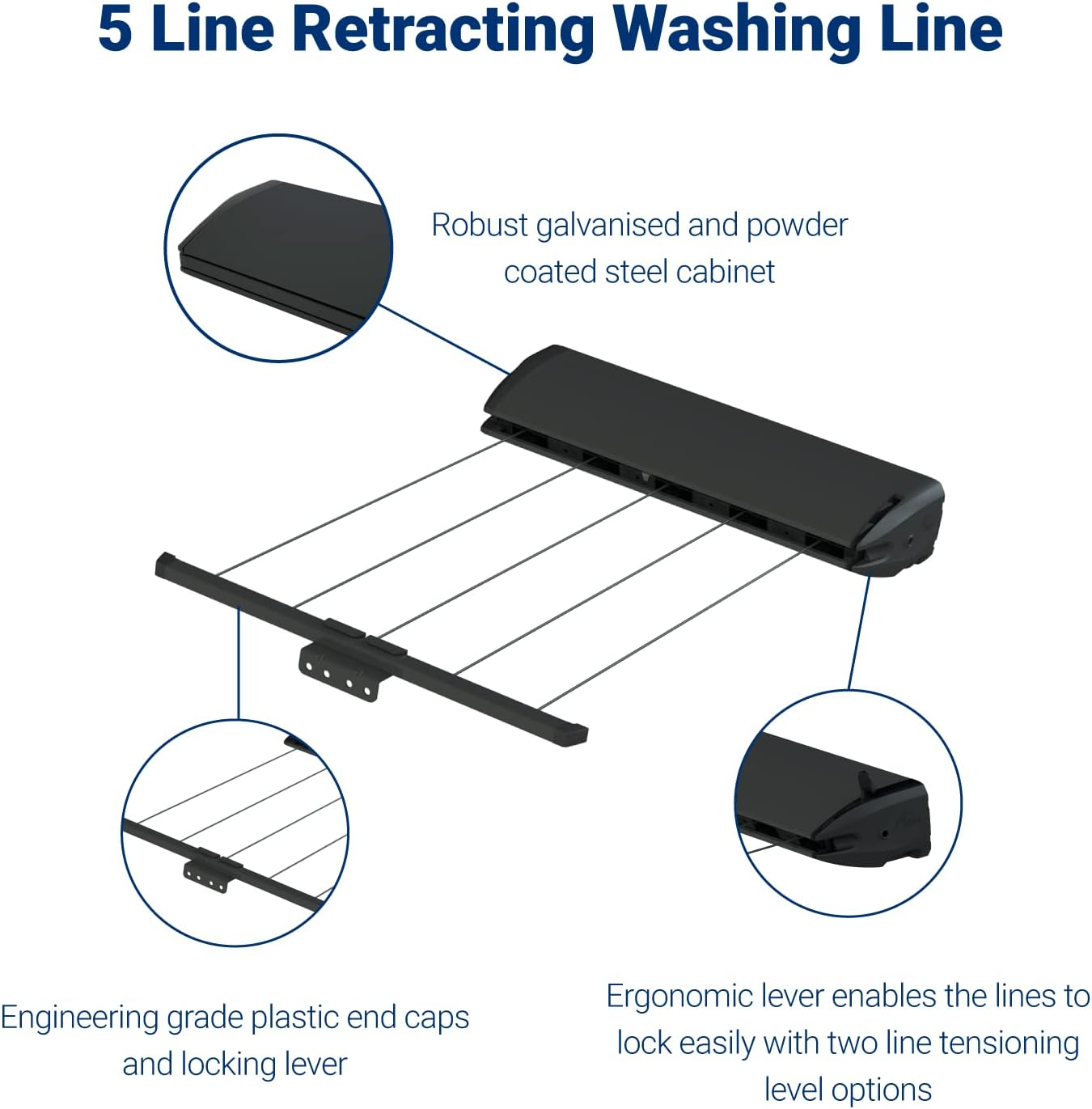 Hills 5 Line Retracting Clothesline, Monument, 50 Kilogram Max Load