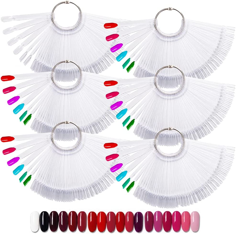 300 Pieces Transparent Nail Pattern Pop Sticks, Fan-Shaped Nail Colour Display Art Tips with 6 Metal Rings, Artificial Practice Nail Board for Nail Studio and Beginner Nail Gel Nail Polish Practice image number 5