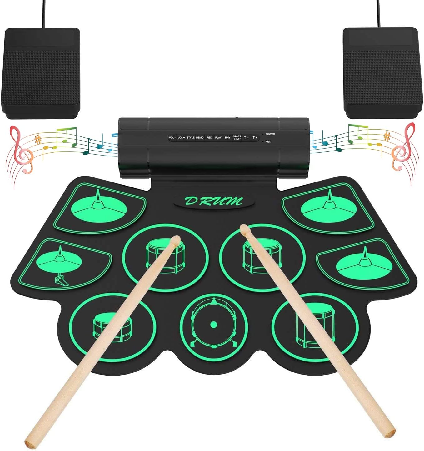 Electronic Drum, Uverbon Portable Drum Set with 9 Pads, 2 Pedals and Drumsticks, Built-In Stereo Speakers, Digital Music Pad Roll up Drum Set for Children and Beginners