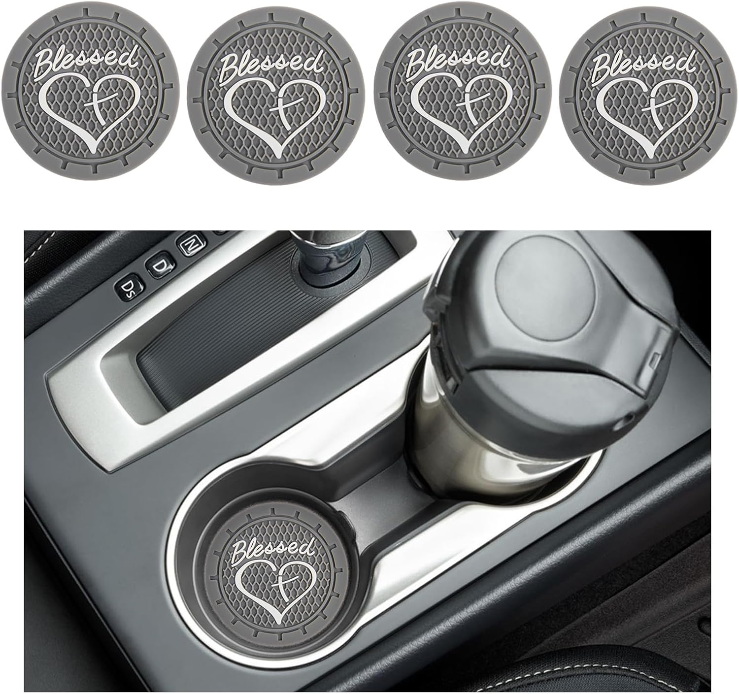 4PCS Car Cup Holder Coaster, Non-Slip PVC Insert Cup Coaster, 2.76 Inch Blessed Cross and Heart Christian Auto Drink Cup Mat, Universal Interior Accessories for Women Girls (Gray)