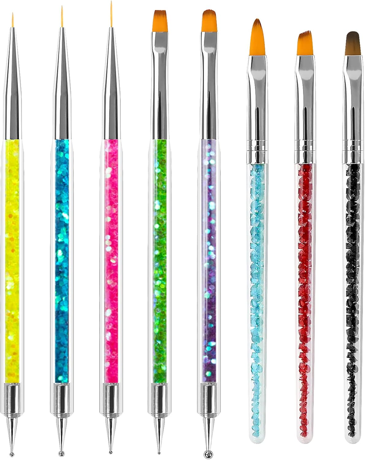 8PCS Function Nail Brush, Nail Liner Brush, Double Ended Nail Art Pen Brushes with Glitter Handle, for DIY Nail Art Designs Dot Pen Tools for Women Girls image number 2