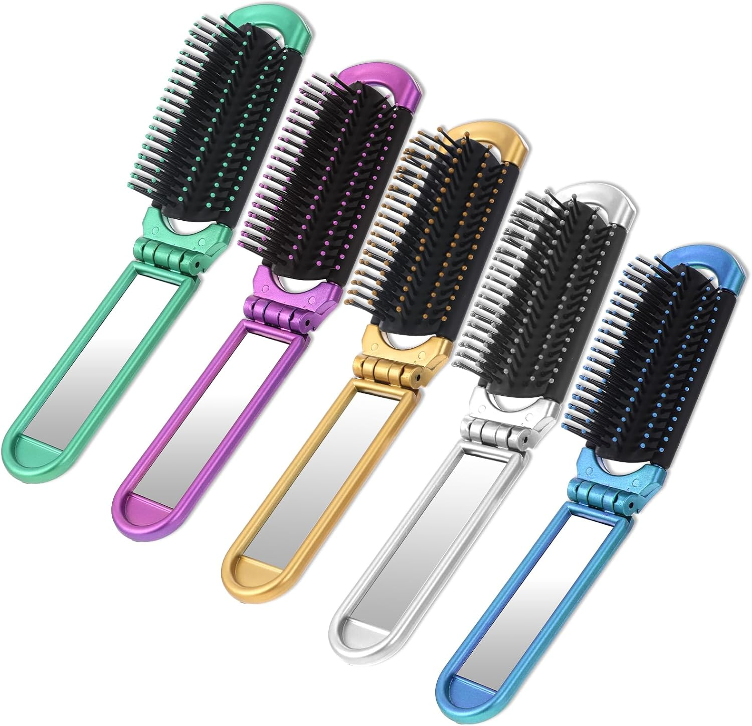 Travel Hair Brush with Mirror, 5 Pcs Muiticolor Folding Hair Brush Portable Compact Brush, Mini Hair Brush for Purse Hair Massage Comb Hair Styling Tools for Women Home, Trip, Gym, Swimming (5 Colors) image number 6