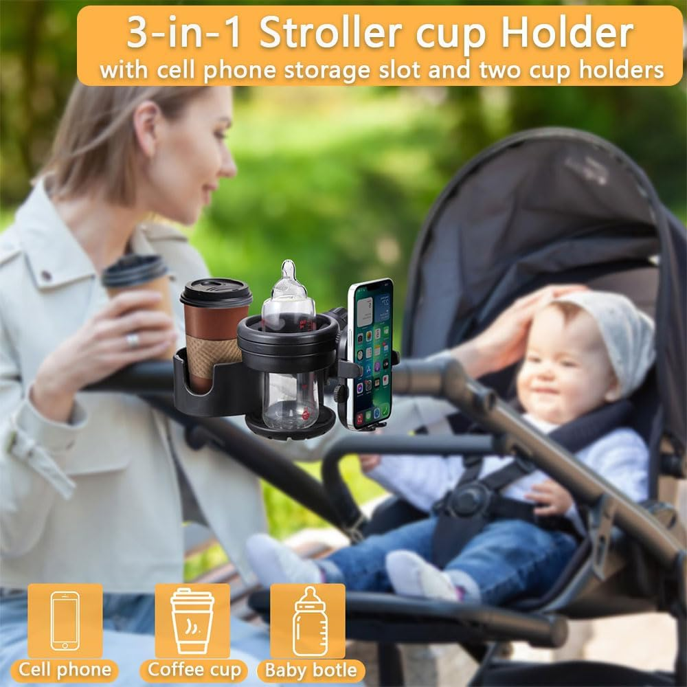 3-In-1 Stroller Cup Holder with Phone Mount &ndash; Universal 360&deg; Rotating Drink Holder for Stroller, Bike, Wheelchair, Scooter & Walker, Adjustable Bottle & Phone Rack (Black)