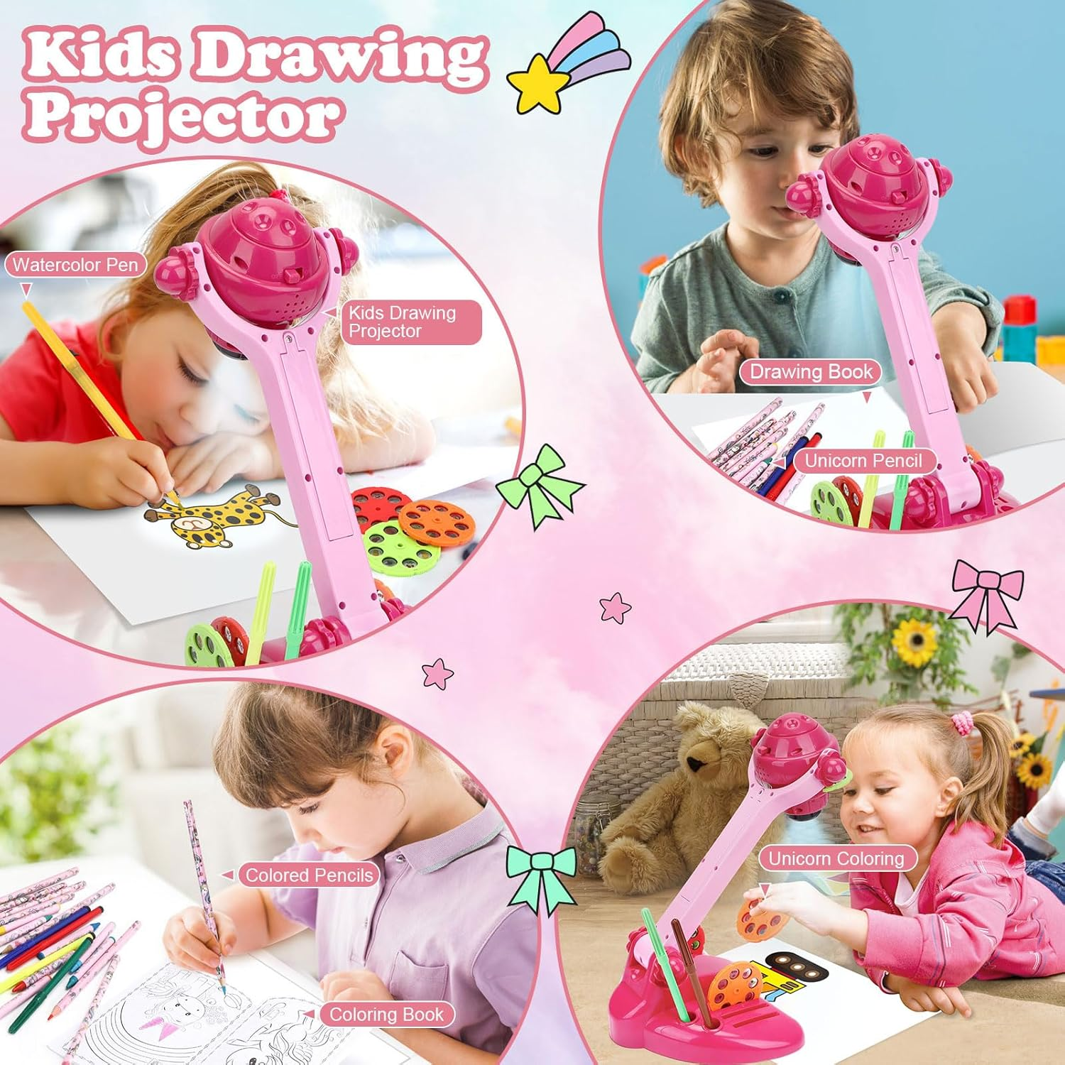 Hoarosall Drawing Projector for Kids, Art and Craft Kit, Toys for Girls Aged 3+, Drawing Supplies, Including Colored Pencils, Crayons, Coloring Books,For 3+ Year Old Girls (Rose Red) image number 2