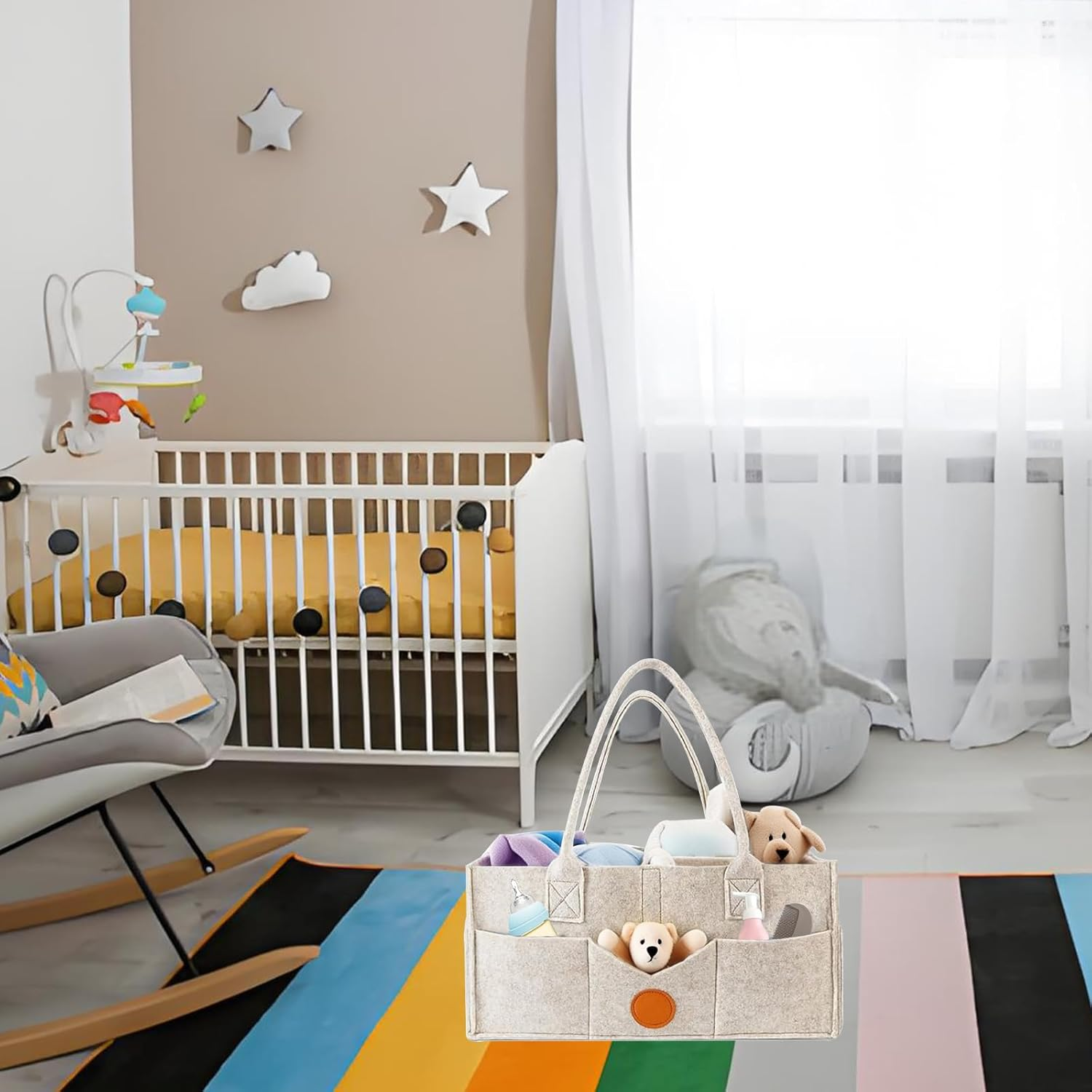 Baby Diaper Caddy Organizer, Felt Cloth Nursery Storage Bin and Car Organizer, Baby Storage Basket for Diapers and Baby Wipes, Changing Table Organizer (Khaki) image number 2