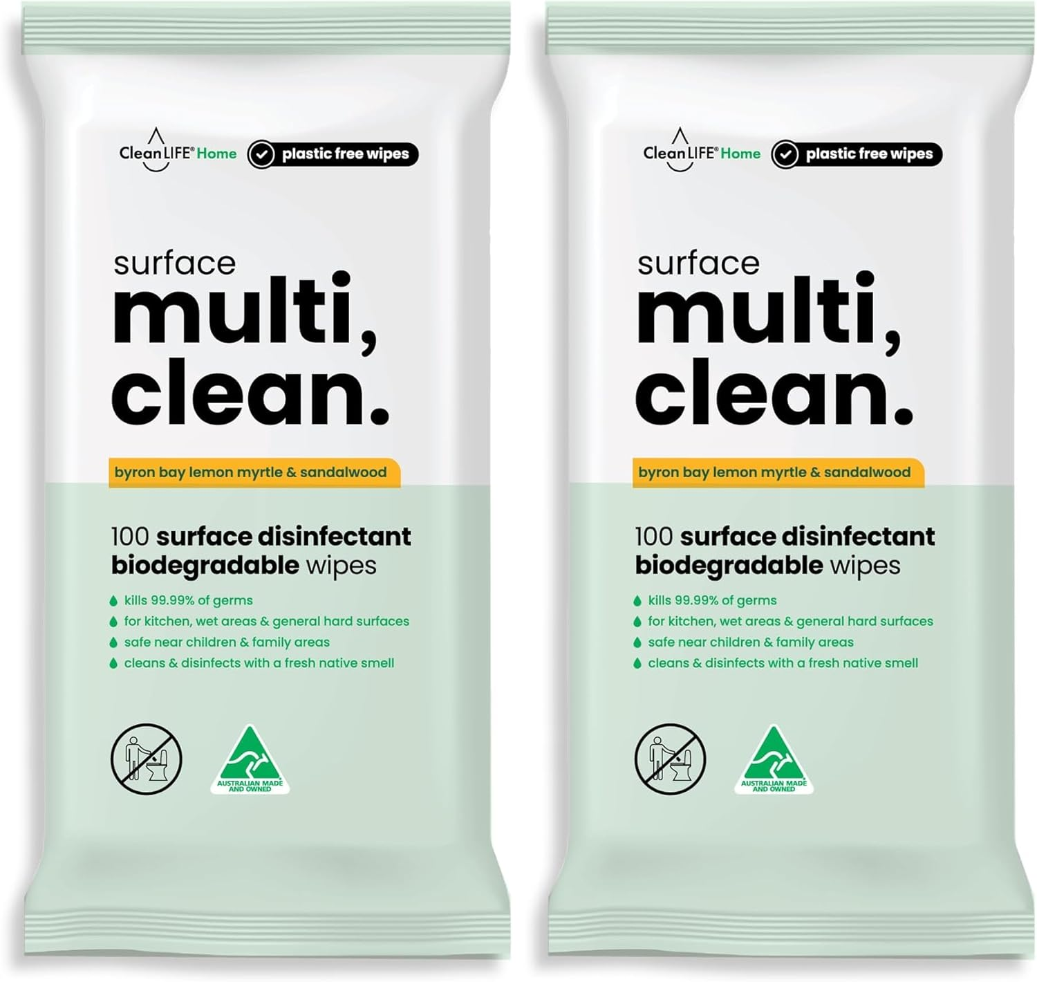 Cleanlife Surface Multi Clean Wipes &ndash; Lemon Myrtle & Sandalwood Scent, Biodegradable, Antibacterial, Plastic-Free, 100 Wipes, 3-Packs image number 4