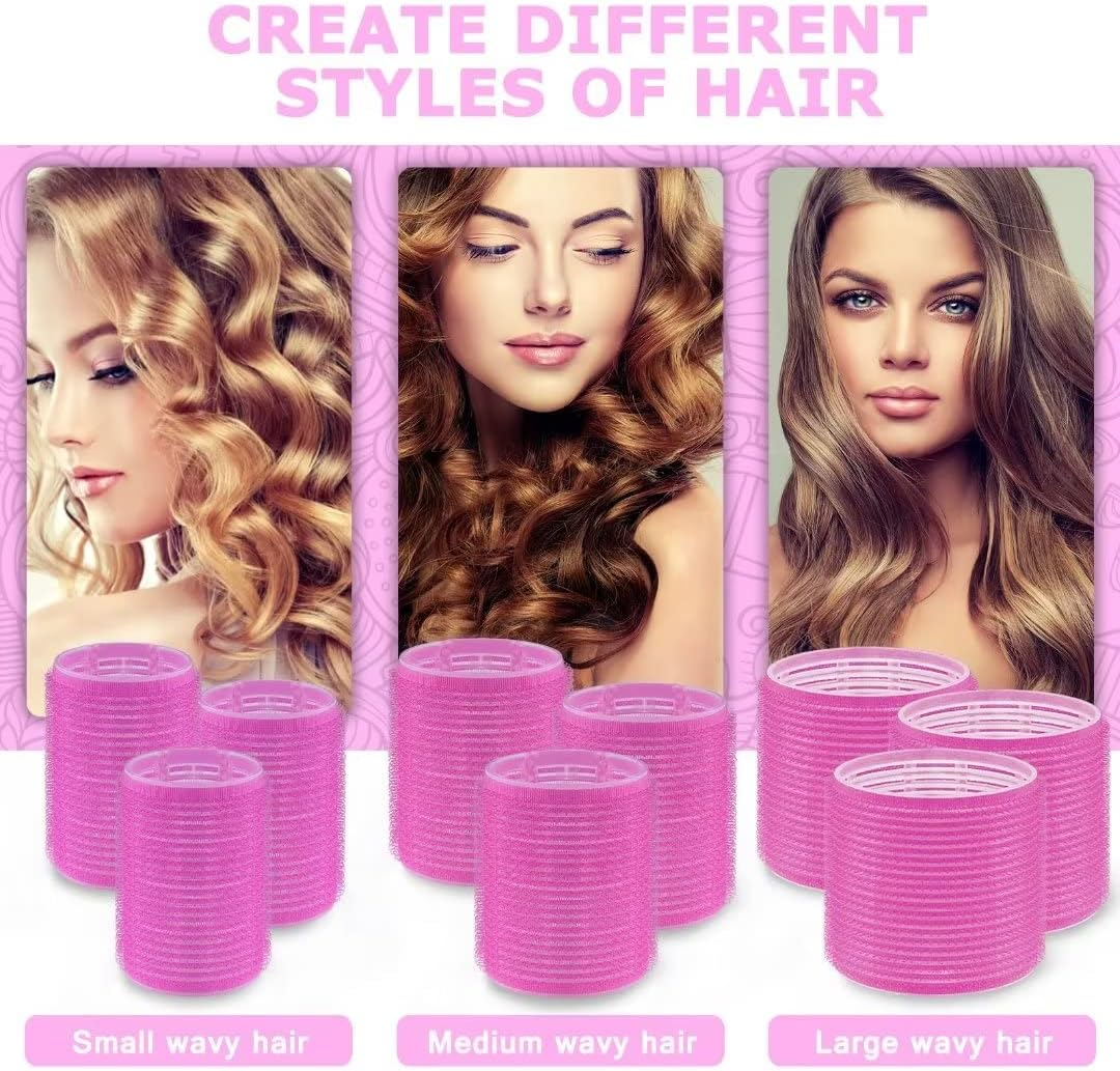 Sungenol Self Grip Hair Roller Set, 18 Pcs, 3 Sizes (Jumbo, Large, Medium) Rose Pink Hair Rollers with Clips and Comb - Red,Rose image number 2