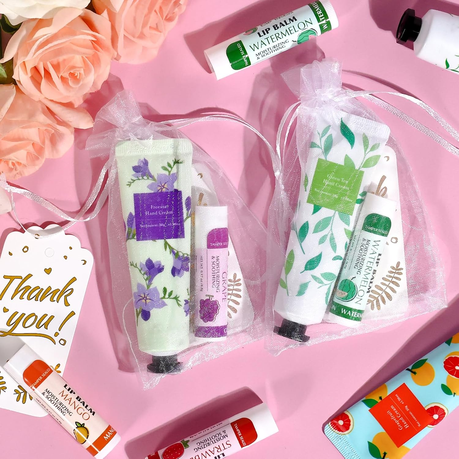 AZEN 50 Sets Hand Cream and Lip Balm Set with Organza Bag Thank You Card, Baby Shower Wedding Gifts for Guests, Bridal Souvenirs for Colleagues Employee Coworkers, Party Favor for Female Friends - A-24 image number 4