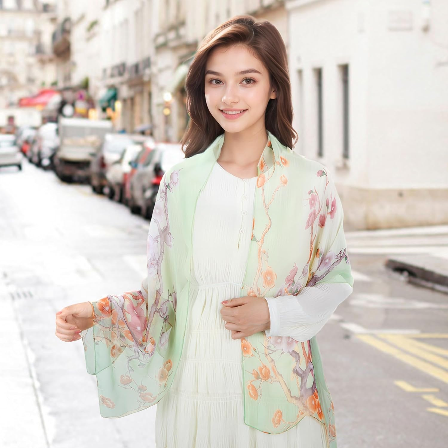 Lamca Chiffon Scarf - Ladies Scarves Lightweight Floral Print Scarf for Women UK - Black White-17 image number 2