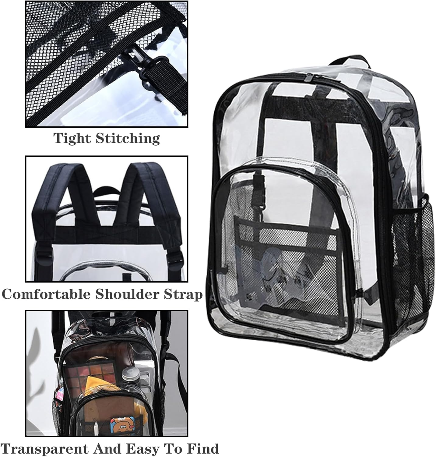 Lizbin Clear Backpack, Clear Backpack Stadium Approved, Heavy Duty PVC Transparent Backpack, Small Clear Backpack with Reinforced Strap, Clear Stadium Bag for Concert Sport Event Work Festival (Black) image number 6