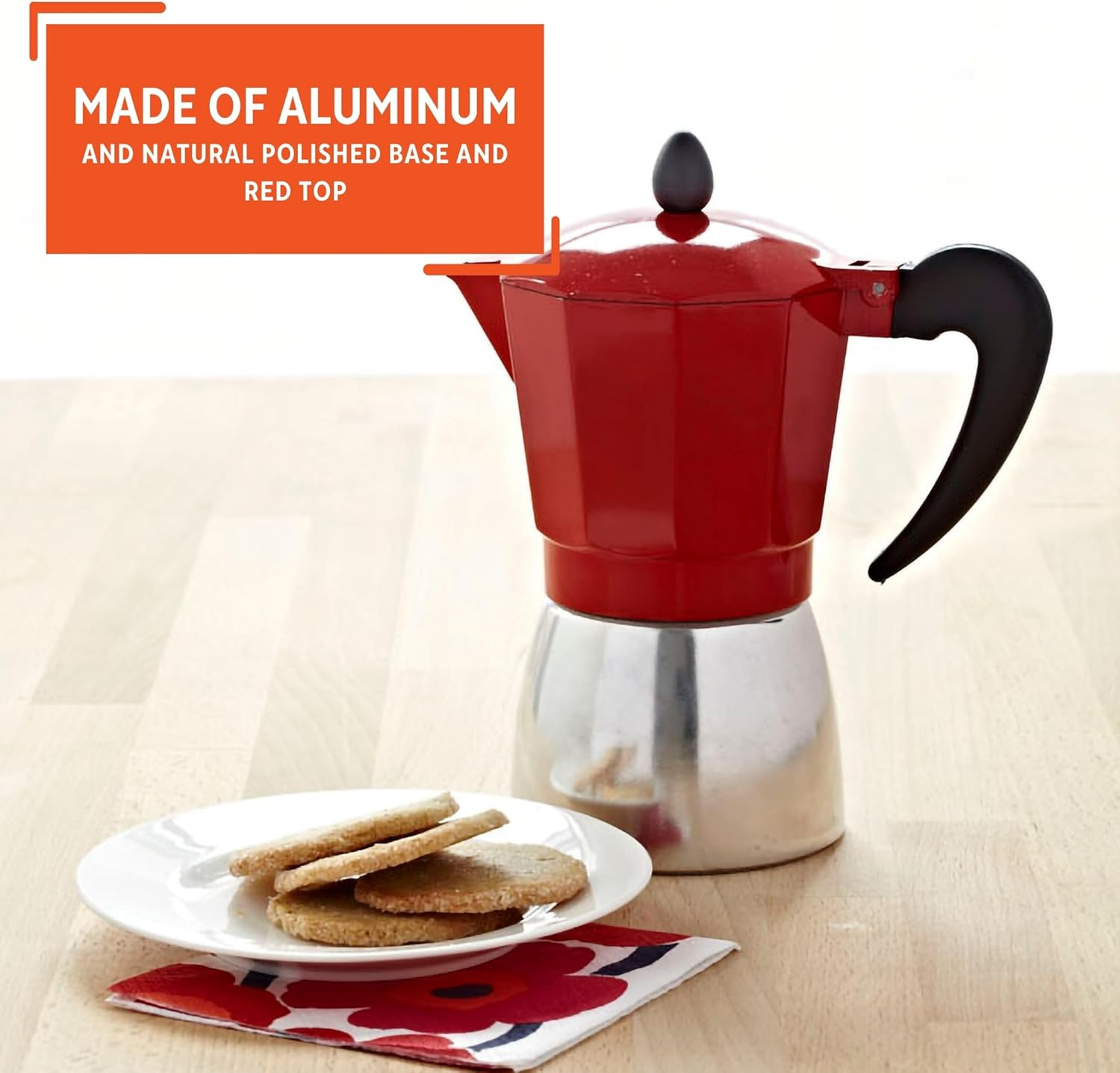 IMUSA USA Red Aluminum Stovetop 6-Cup Classic Italian and Cuban Espresso Maker (B120-43T), Silver/Red image number 1