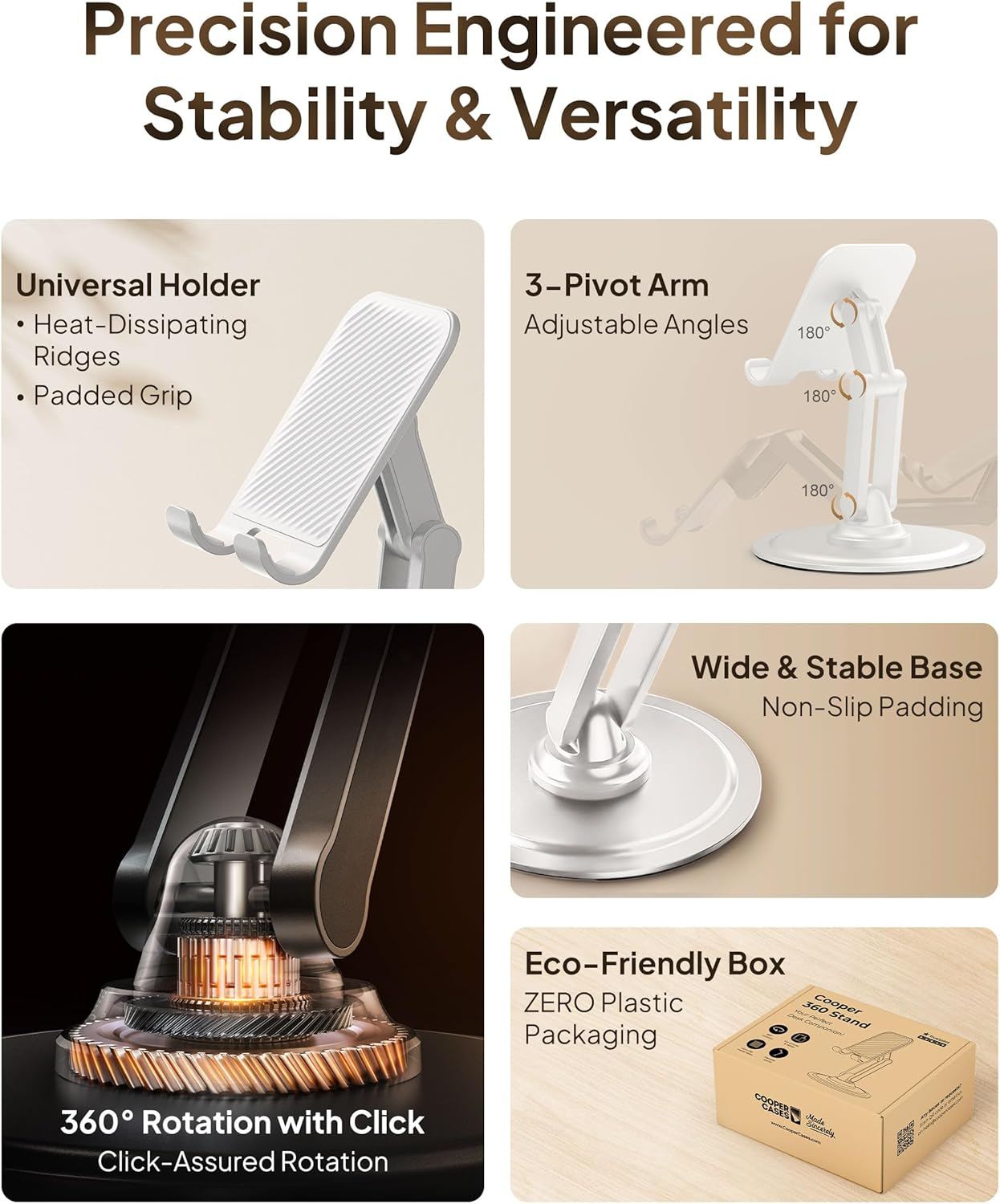Cooper 360&deg; Stand, [Gift Family Pack], Rotating Cell Phone Stand for Desk, Cell Phone Holder for Desk, Iphone Stand Holder, Sturdy Metal Base, Fits Samsung, Android Smartphones, (Cream White, 2-Pack)