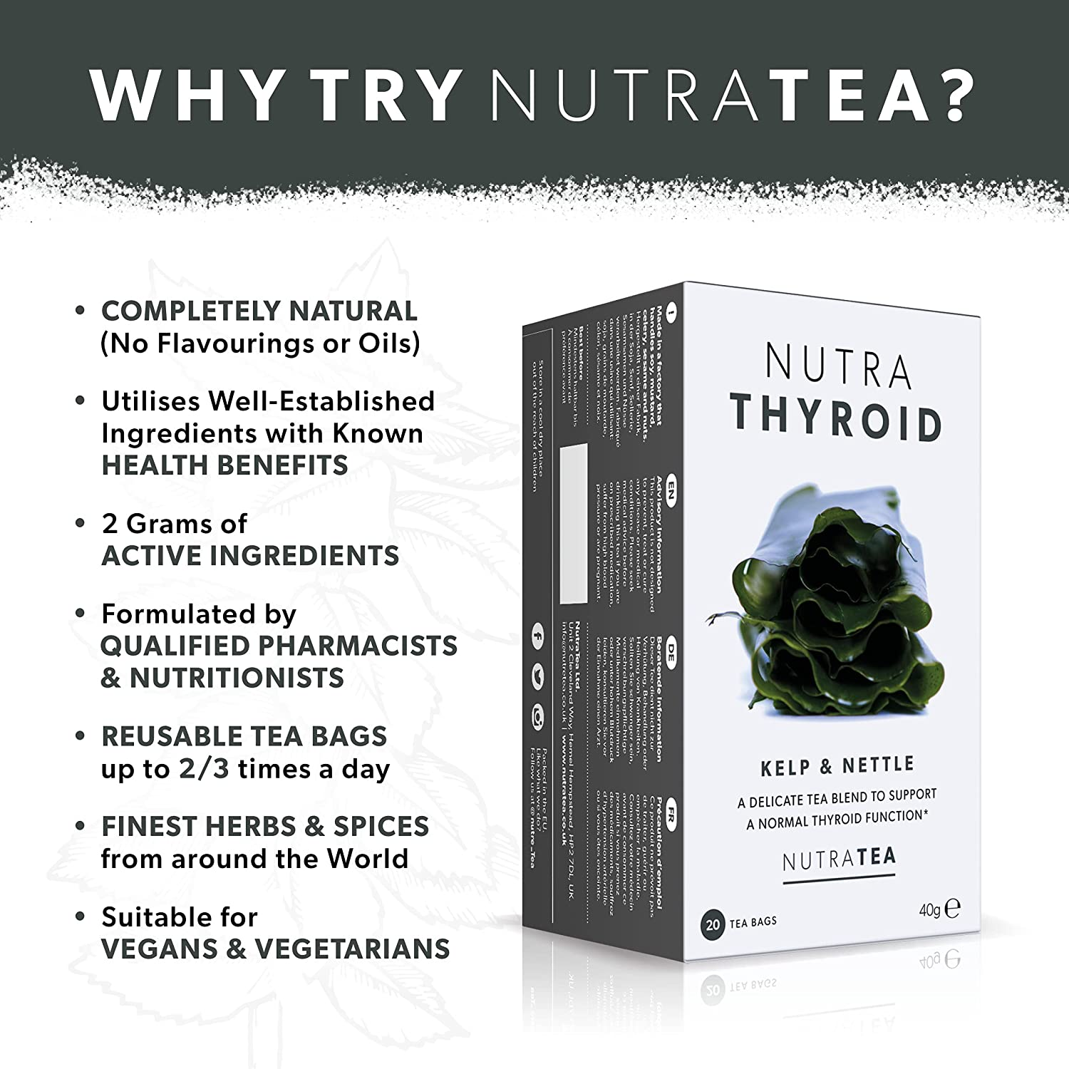 NUTRATHYROID - Thyroid Health Tea | Metabolism Tea - Providing Thyroid Support - Includes Kelp, Bladderwrack & Ashwagandha - 20 Enveloped Tea Bags - by Nutra Tea - Herbal Tea image number 4