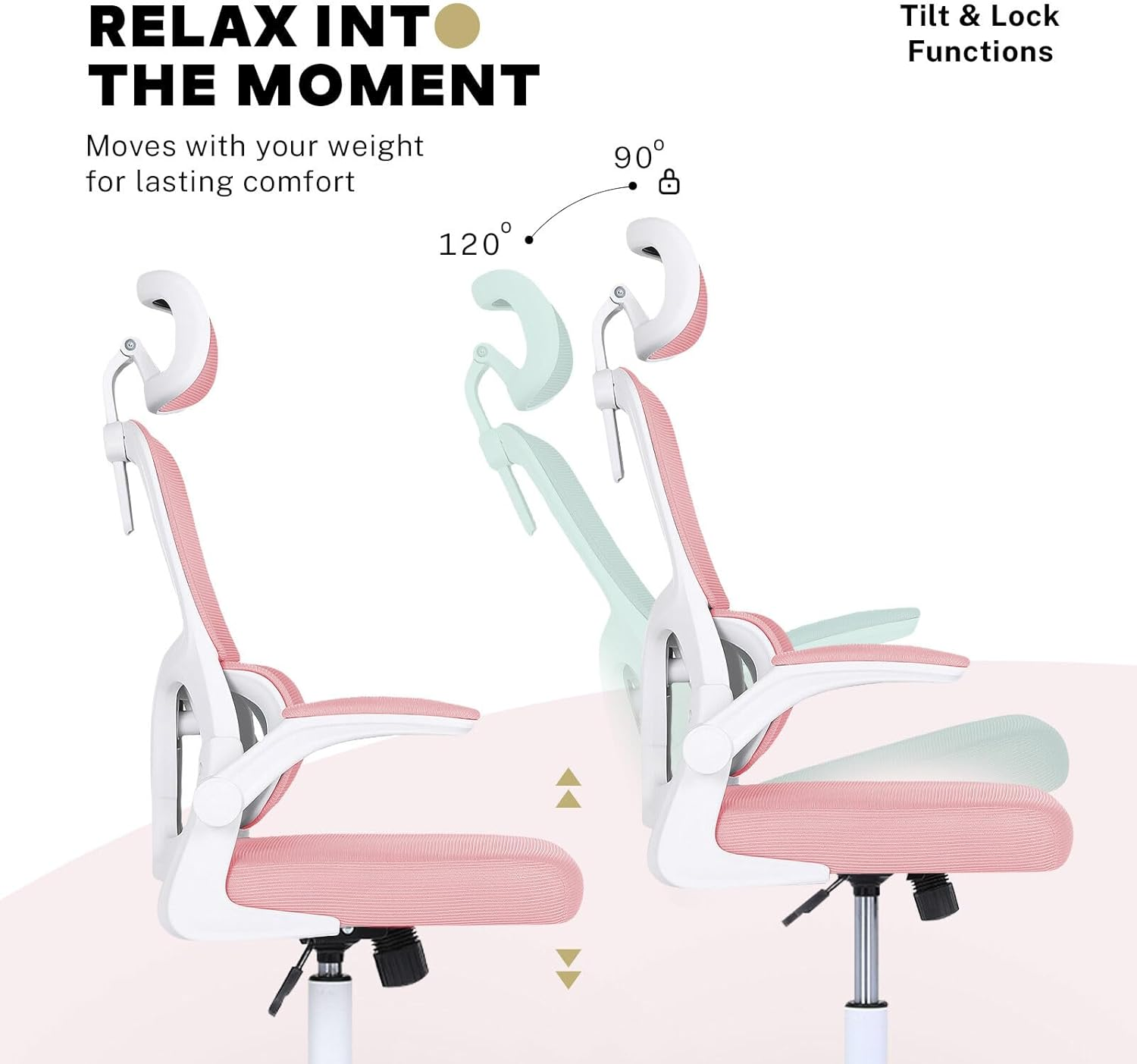 La Bella SITIO Office Chair - Pink Ergonomic Mesh Desk Chair with Lumbar Support, Flip-Up Armrests, Adjustable Headrest & Tilt Function image number 6