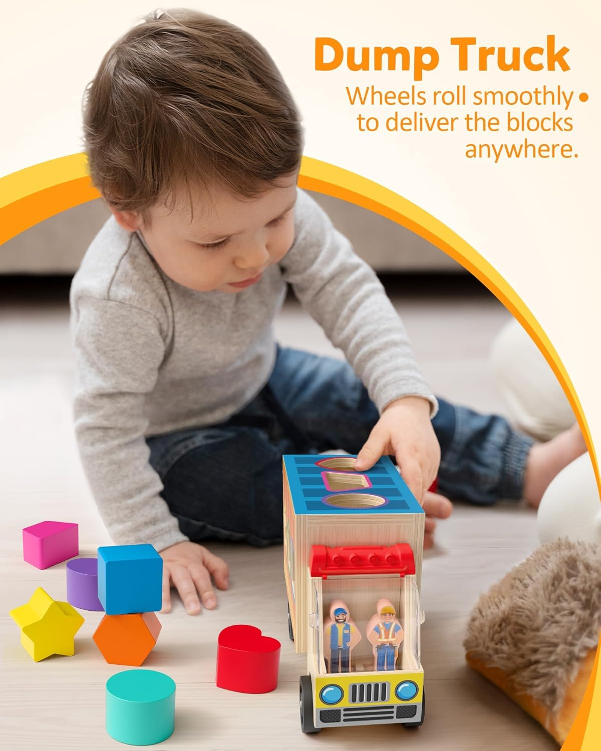 Coogam Wooden Truck Shape Sorting Toy, Color Shape Matching Game with 2 Play Figures, Baby Toddler Fine Motor Learning for 2 3 4 Year Old image number 1