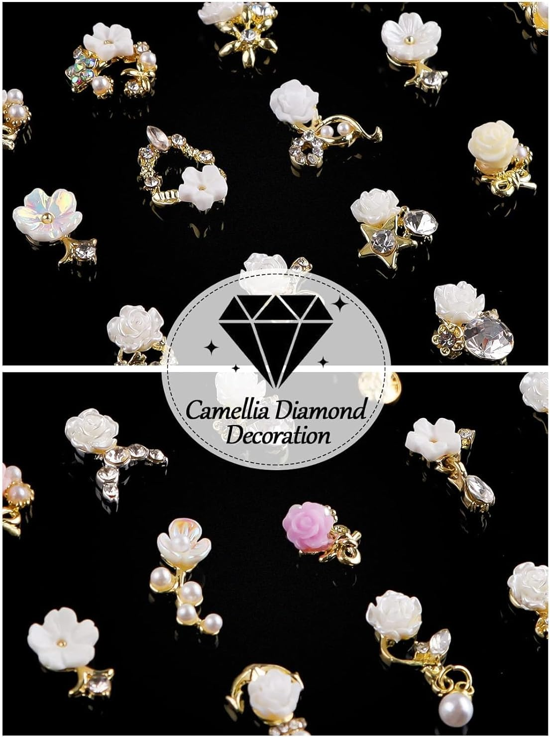 3D Flower Nail Charms Rhinestone, Kalolary White Flower Acrylic Nail Pendant Camellia Cherry Blossoms Nail Art Decorations for Spring Summer Nail Art Designs
