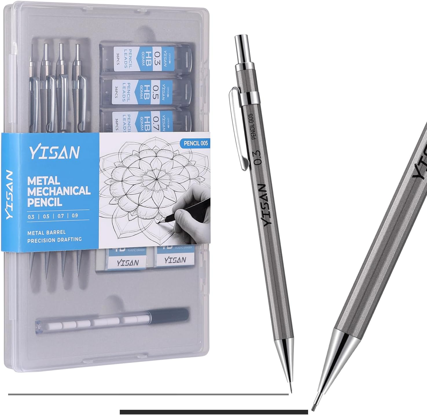 YISAN Metal Mechanical Pencil Set 0.3 & 0.5 & 0.7 & 0.9Mm,Automatic Pencil,Lead Pencils 4 PCS with Erases and HB Lead Refills for School Writing,Skeching,Drawing,70726 image number 1