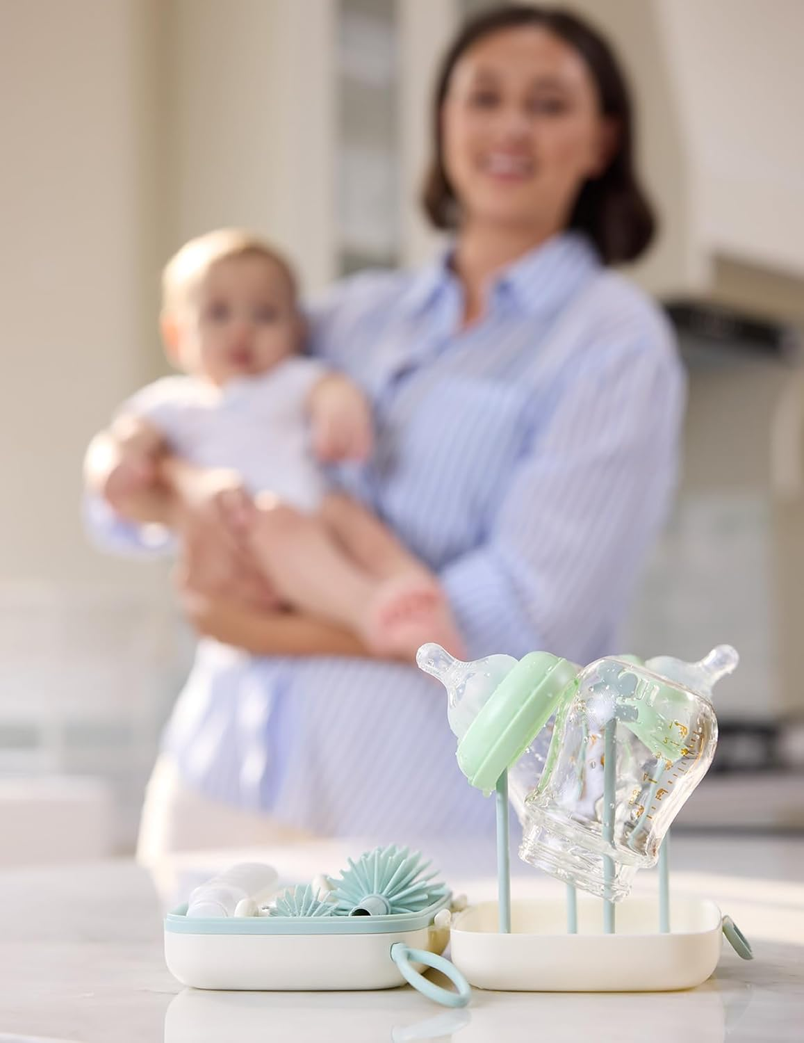 Momcozy Bottle Brush Set - Baby Bottle Cleaner Kit with Silicone Brush, Nipple Brush, Straw Brush, Soap Dispenser, Drying Rack - 7 in 1 Bottle Cleaning Tool for Home and Travel, Green image number 5