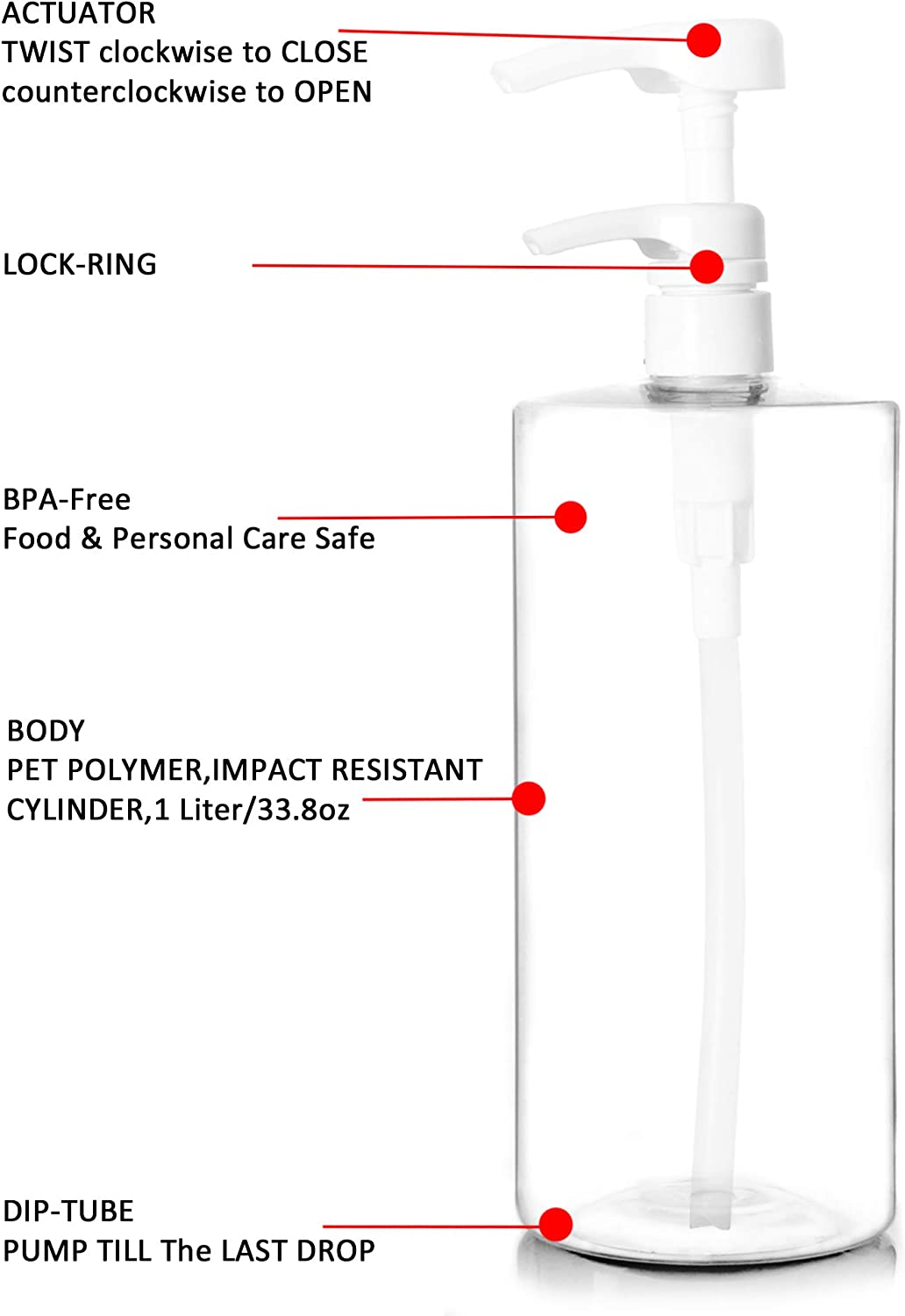 Youngever 4 Pack 1000ML Plastic Pump Bottles for Shampoo, 1 Liter Empty Shampoo Pump Bottles, Plastic Cylinder with Lockdown-Leak Proof-Pumps (White Pump) image number 3