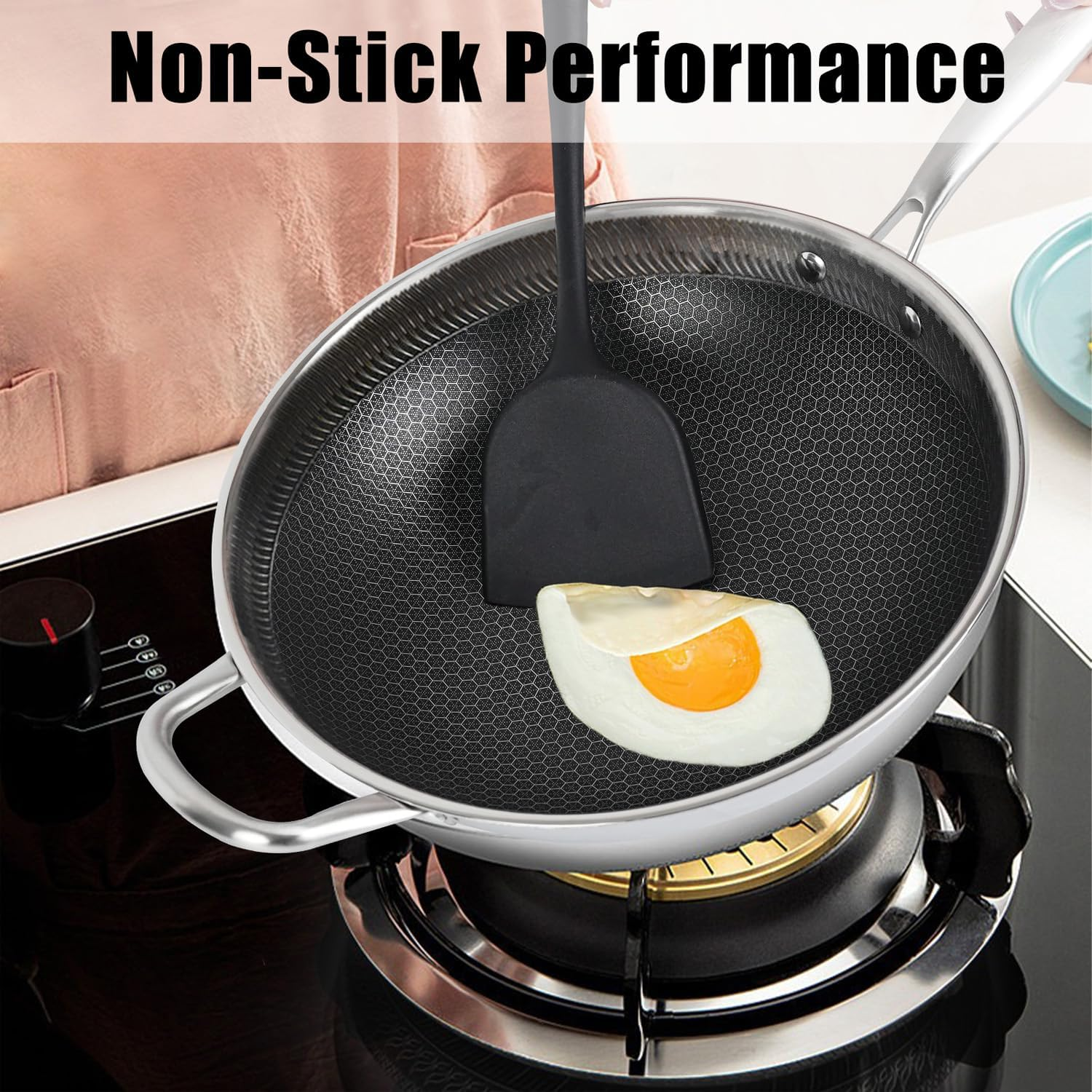 Hybrid Nonstick 12.5Inch Wok Pan with Lid Honeycomb Work with Handle Woks & Frying Wok Pan PFOA Free Cookware Suitable for Induction Ceramic Electric and Gas Cooktops image number 3