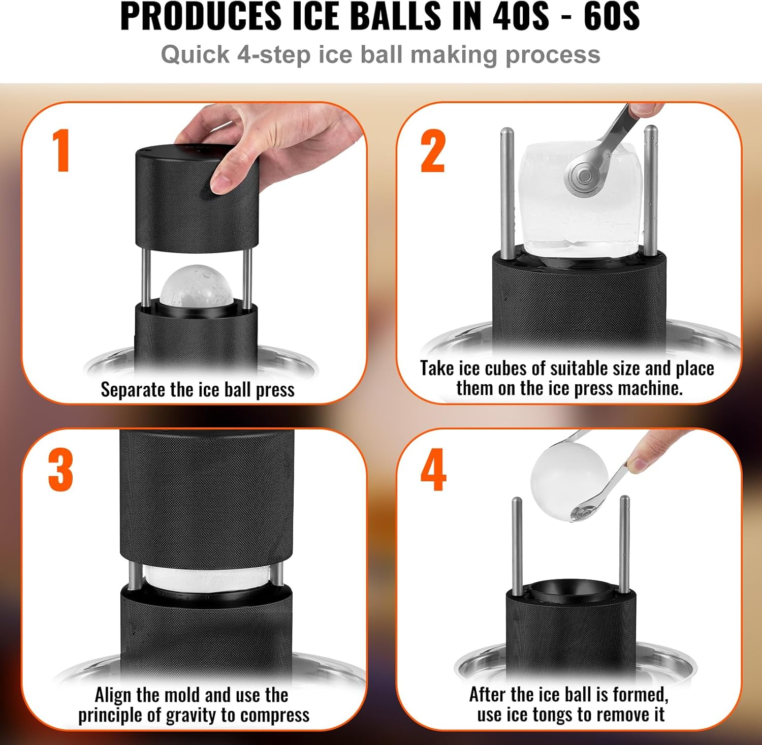 VEVOR Ice Ball Press, 6Cm Ice Ball Maker, Aircraft Al Alloy Ice Ball Press Kit for 60Mm Ice Sphere, Ice Press with Tong and Drip Tray, for Whiskey, Cocktail, Bourbon, Scot on Party & Holiday, Black image number 5