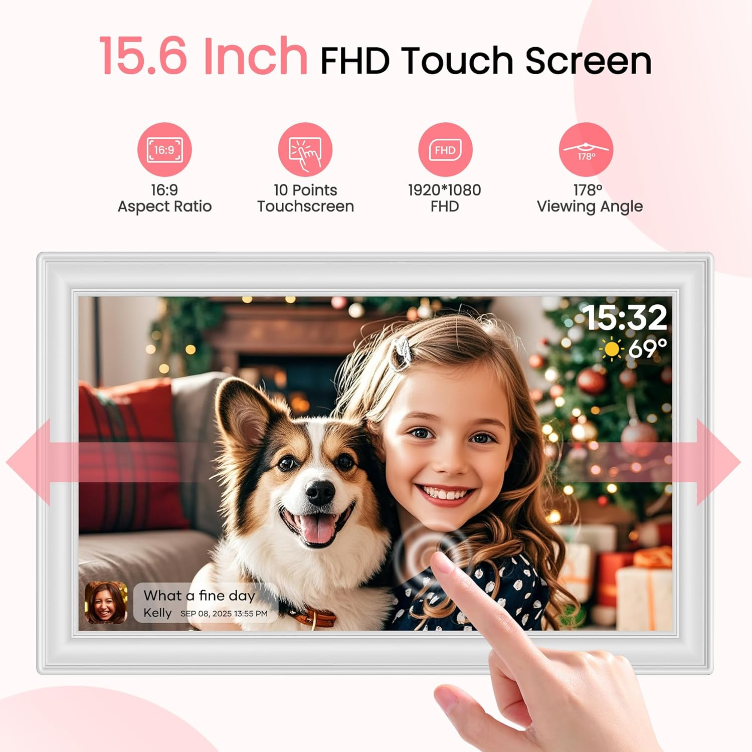 64GB 15.6 Inch Frameo Digital Picture Frame White, Large Electronic Photo Frames Wifi 1920 X 1080 IPS FHD Touch Screen, Send Photos from Your Phone from Anywhere, Best Gifts for Family and Friends image number 2
