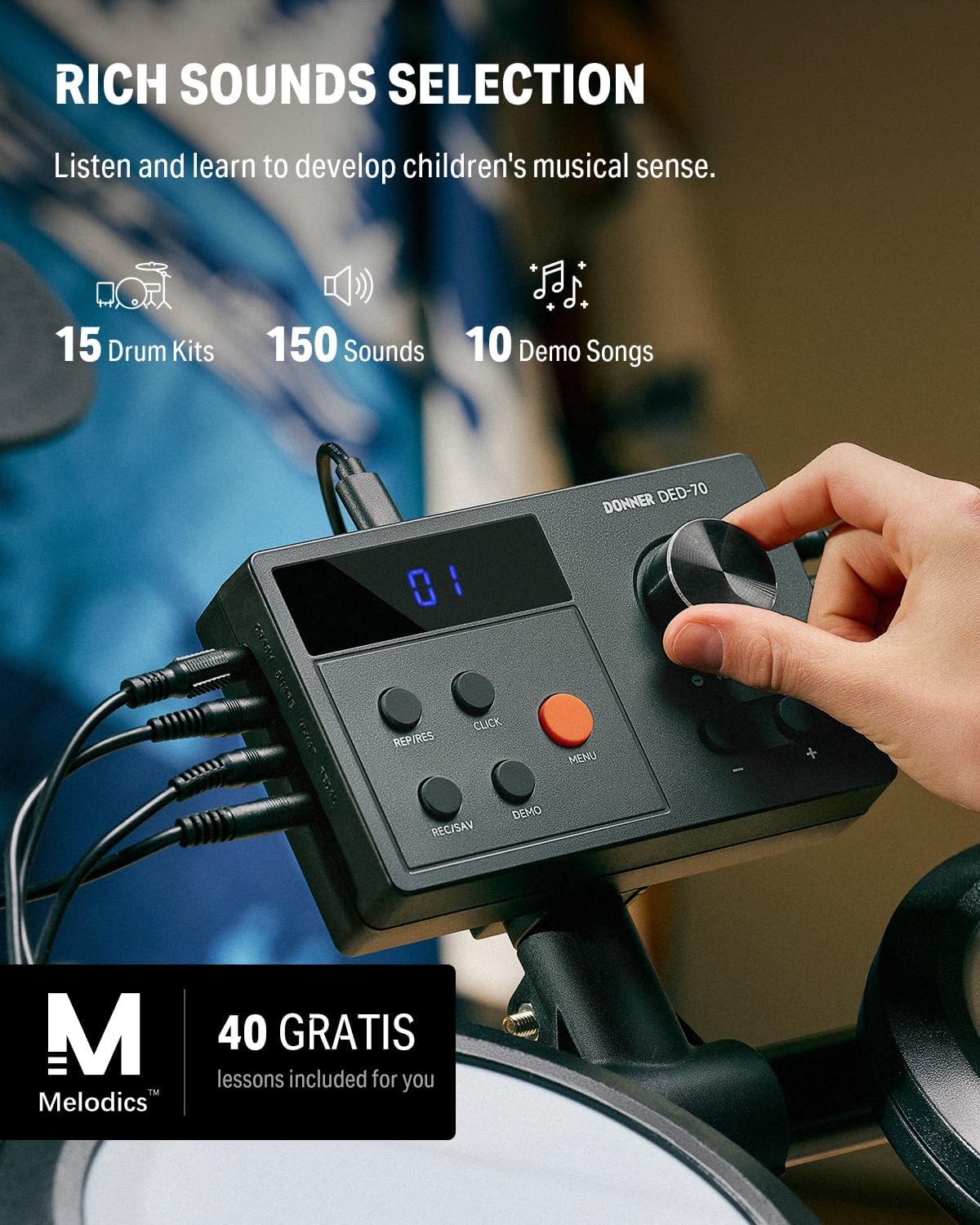 Donner DED-70 NEW Electric Drum Set, Electronic Drum Kit for Beginner with 150 Sounds, 4 Quiet Mesh Pads, 9" Cymbals, USB MIDI, Type-C Charging, 2 Pedal, Throne, Headphones, Sticks, Melodics Lessons image number 1