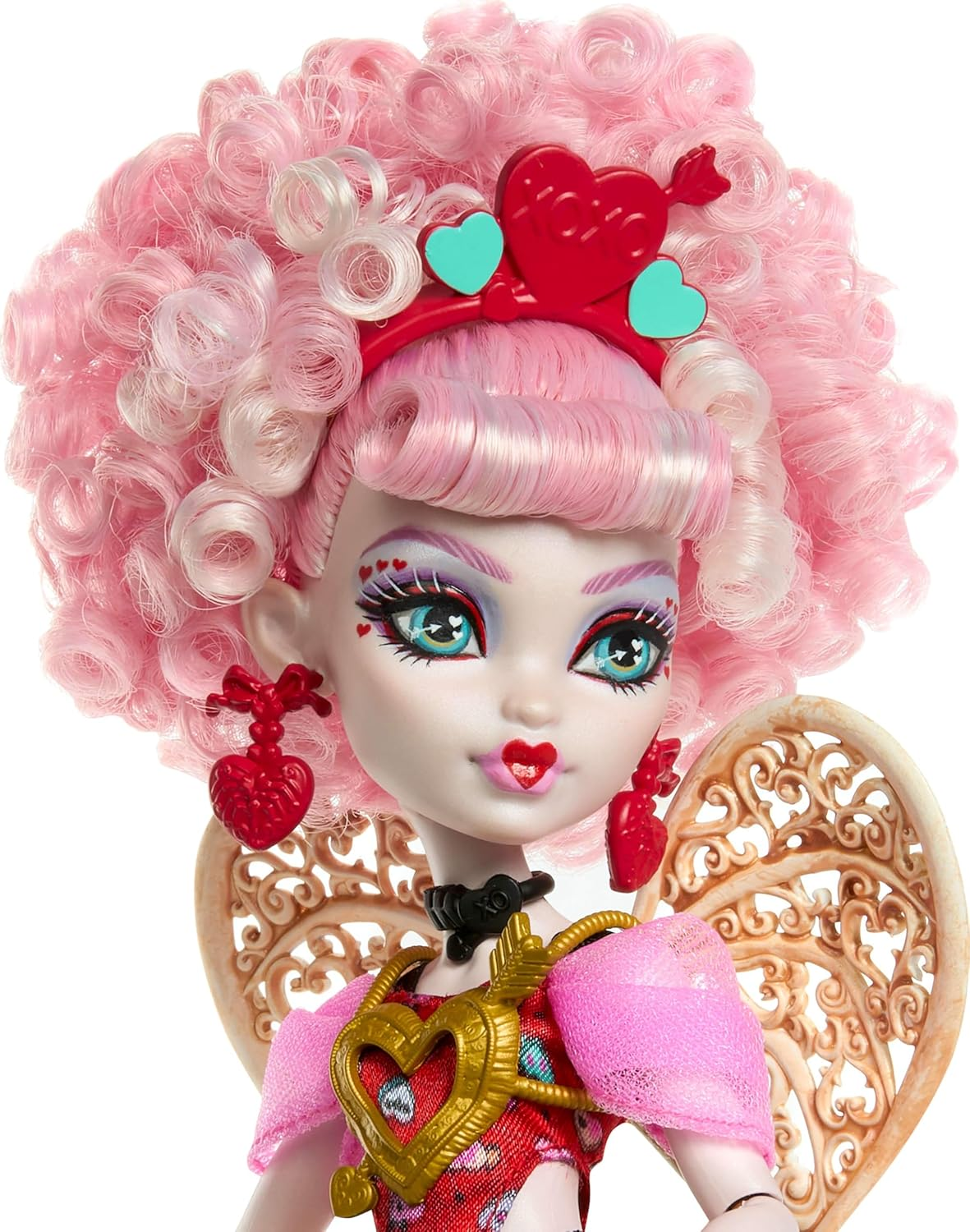 Monster High Scary Sweet Birthday Doll, Cupid Asteria in Pink and Red Party Dress with Themed Accessories like Invite, Balloon, Gift and More image number 2