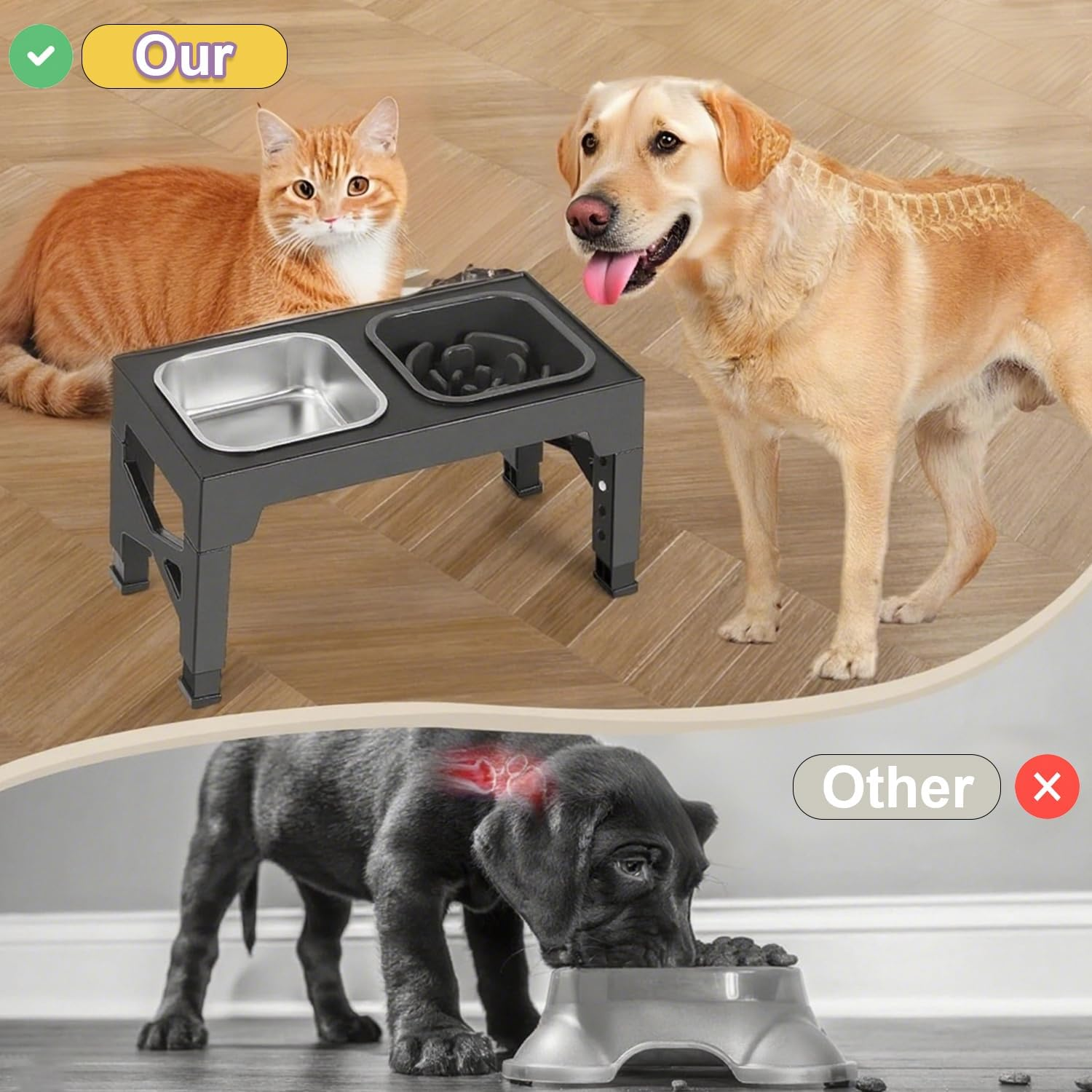 NOAEOU Adjustable Height Elevated Dog Feeding Station, 3-In-1 Set with 2 Stainless Steel Bowls & Slow Feeder Bowl - Ideal for Medium to Large Dogs | Promotes Healthy Posture & Joint Relief image number 4