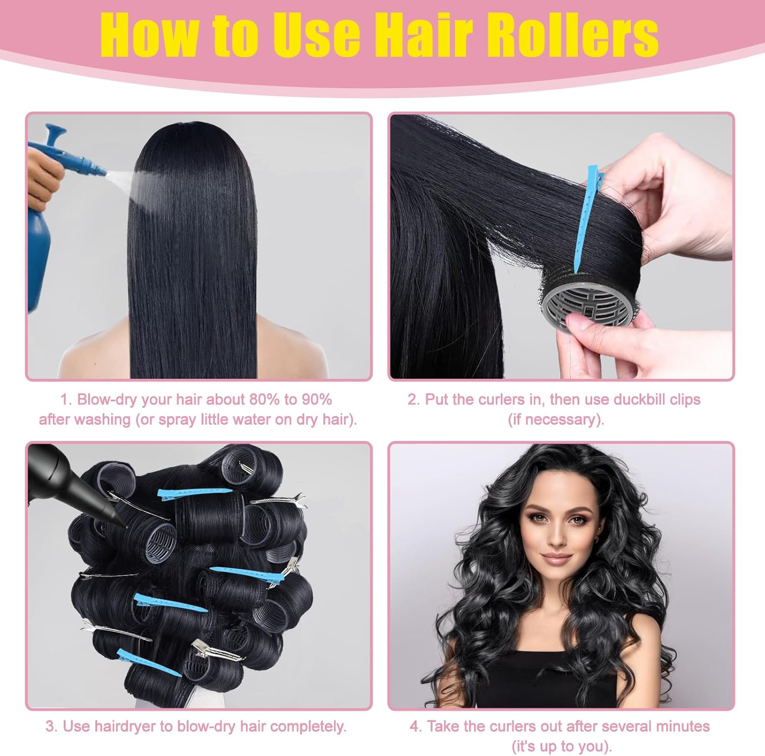 43PCS Self Grip Hair Rollers Set for Long Thick Hair &ndash; 4 Sizes Curlers (25Mm-60Mm) with 18 Extra-Large Clips & Folding Comb &ndash; Heatless Hair Curlers for Volume & Waves