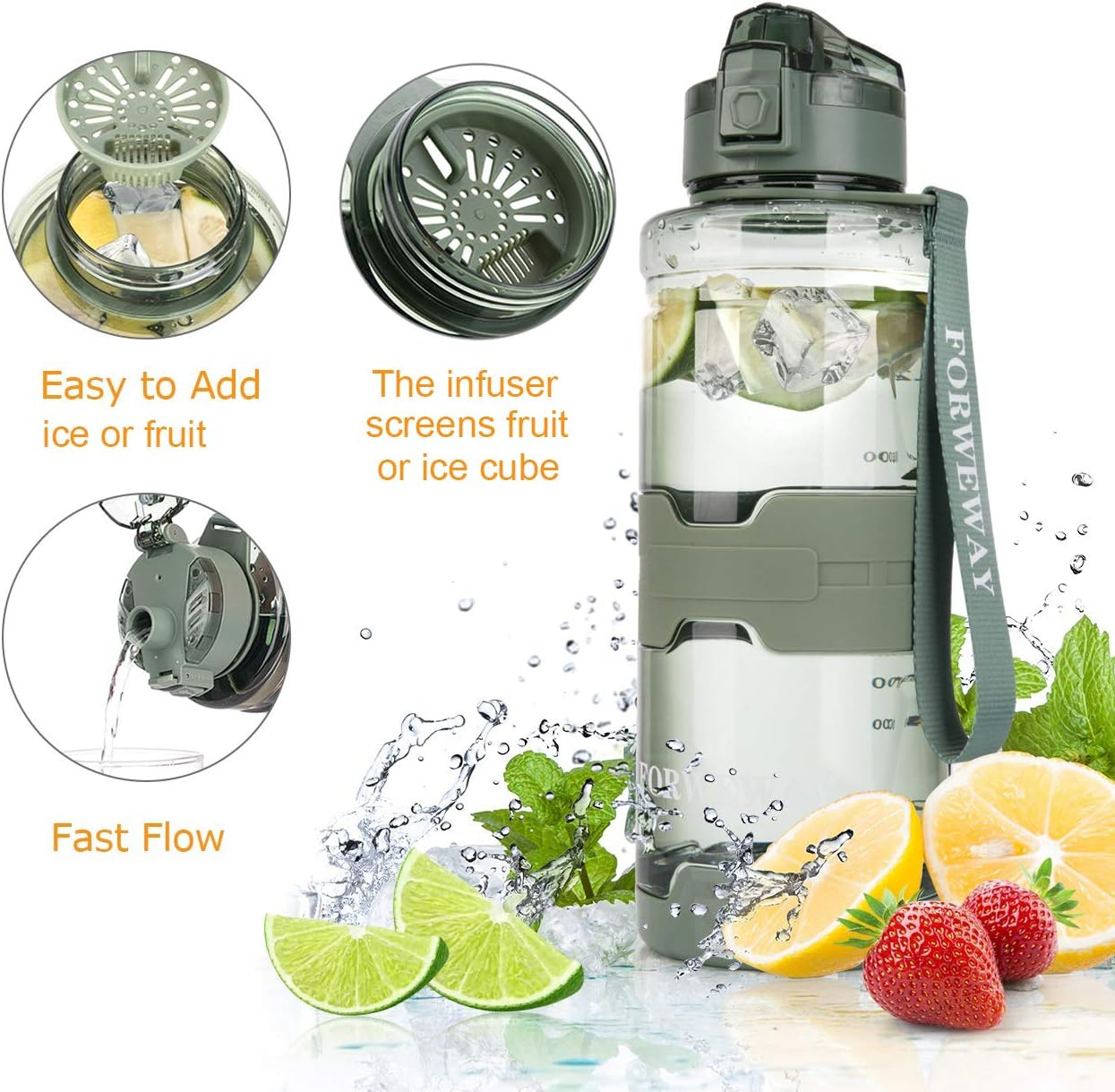 FORWEWAY Bpa-Free Large Water Bottle Tritan Leakproof Plastic Water Bottle with Filter Reusable Big Drink Water Bottles Durable for Fitness Outdoor Camping Hiking (Green) image number 3