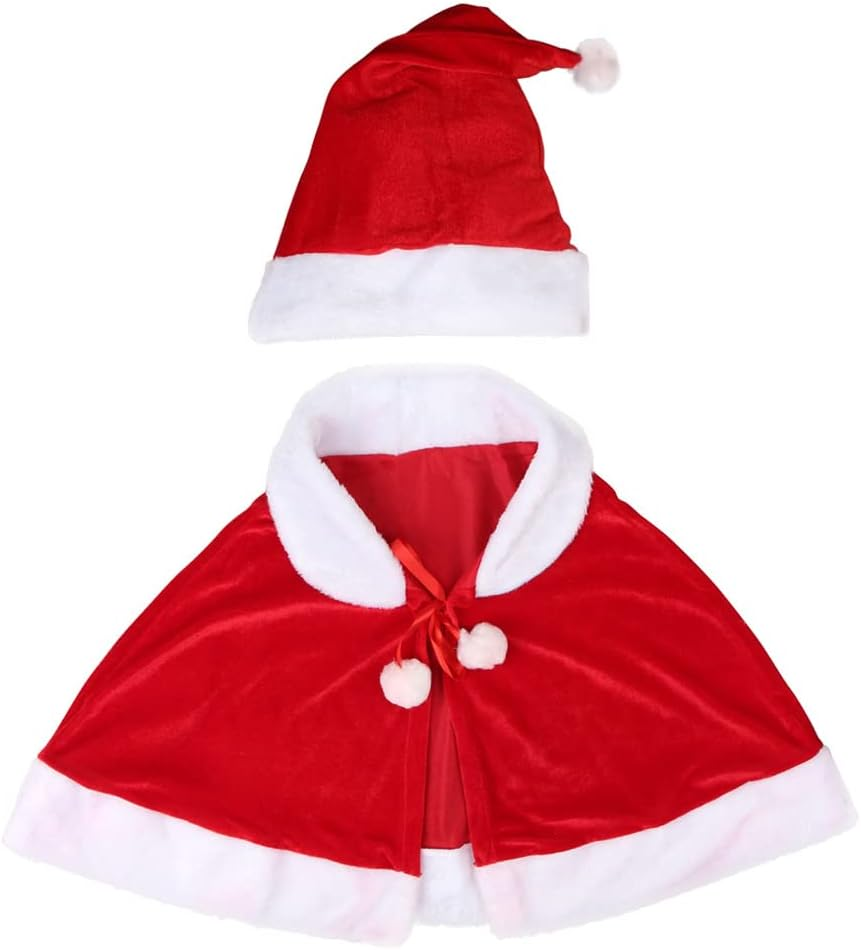 Christmas Red Velvet Shawl Cloak Cape Mrs Santa Cape Robe Halloween Carnival Dress up Cosplay Costume for Kid with Hat image number 1