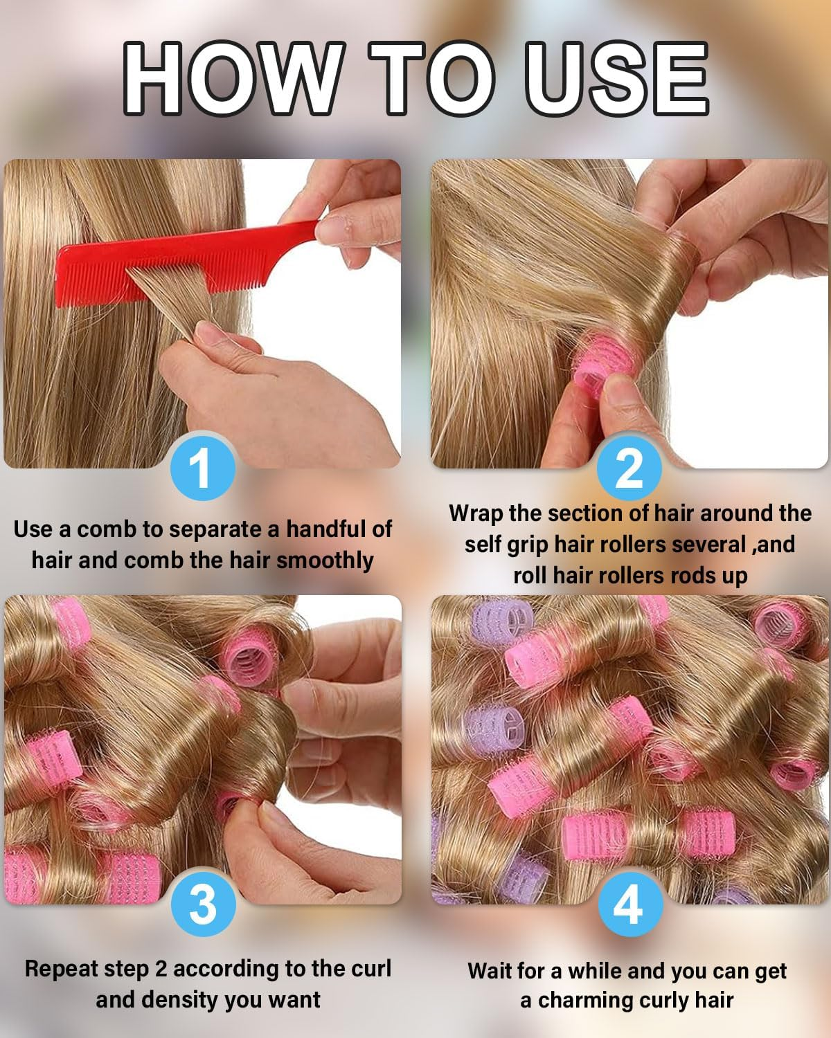 TPZORJX 37 Pieces Manual Hair Rollers Self Adhesive Hair Rollers for Salon Barber Shop Rat Tail Combs DIY Curlers with Steel Pin Combs (Blue) image number 1