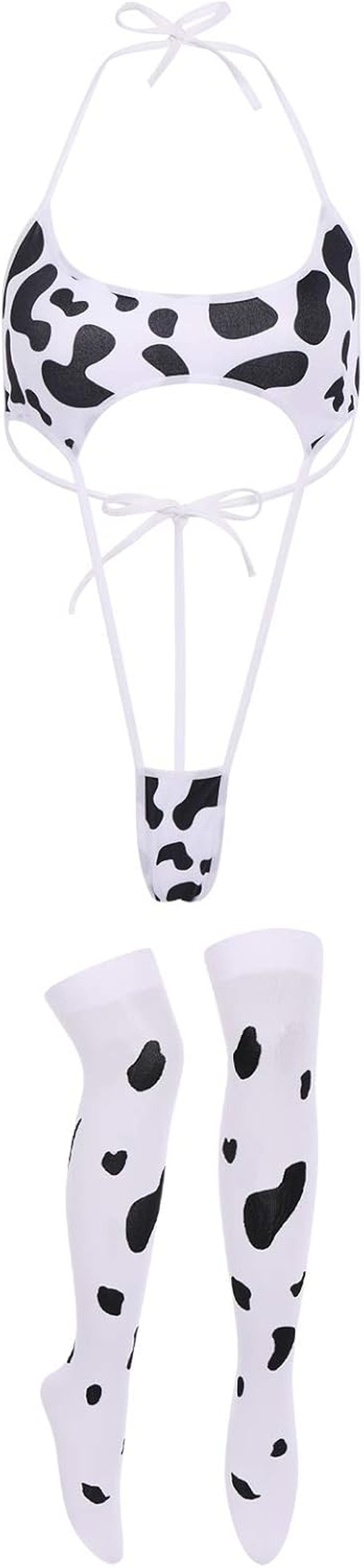FYMNSI Women Sexy Milk Cow Lingerie Set Anime Maid Cosplay Costume Mini Bikini Bra Bodysuit with Bell Choker Stockings Outfit - Cow Dress Set image number 5