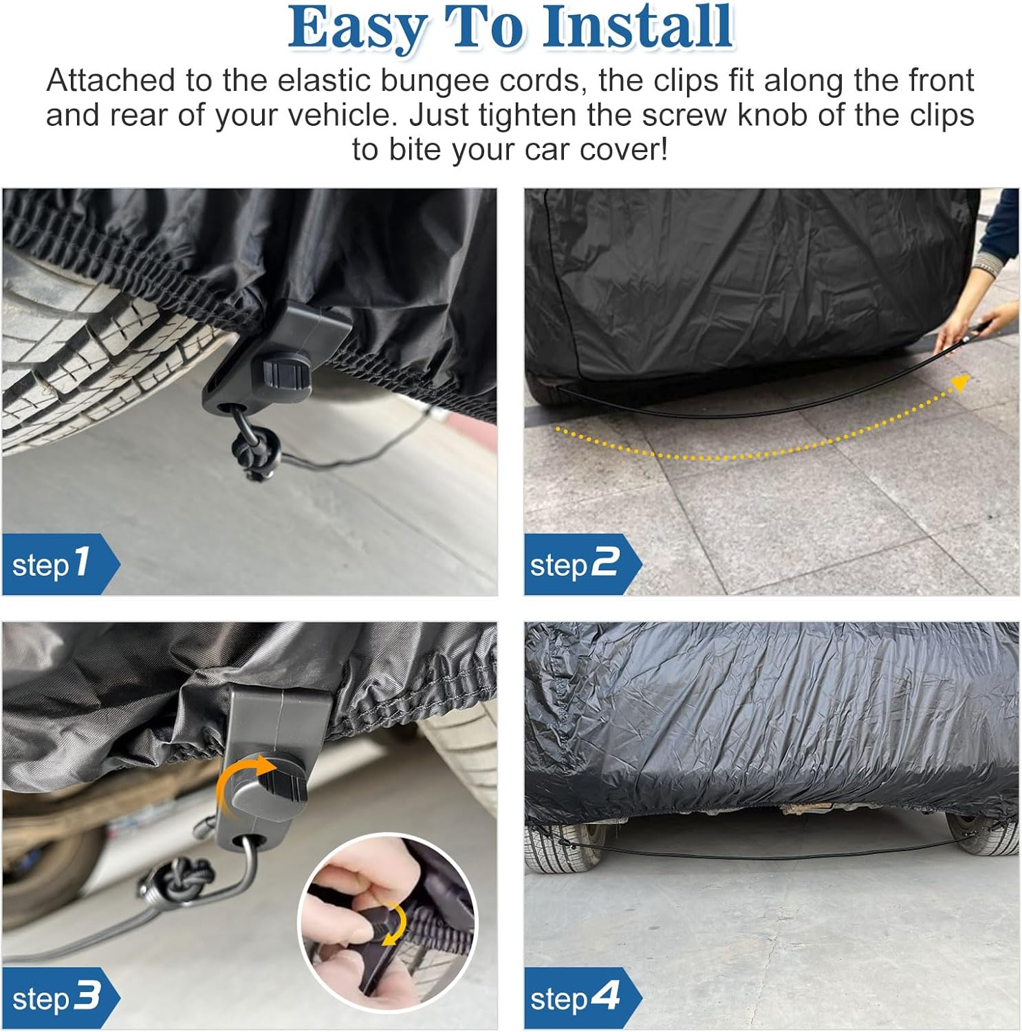 BETERNY 4PCS 50 Inch Car Cover Gust Straps, Heavy Duty Wind Protector Bungee Cords Hook Clips Kit Fit for Most Cars, Sedans, Suvs, Trucks, Vans, Motorcycles, Boat-Black