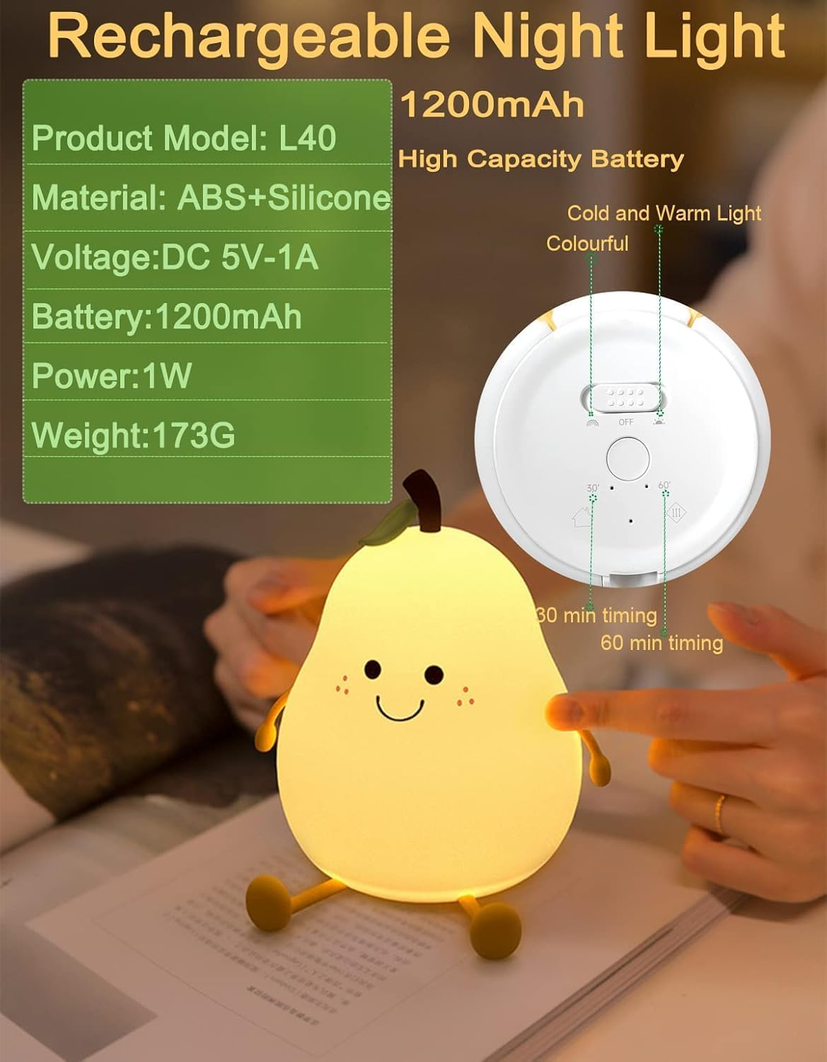 Night Light for Kids, Cute Silicone Pear Lamp,Super Squishy Silicone USB Rechargeable Touch Control 7 Colors Night Lamp, Kids Room Decor,Yellow (Pear) image number 2
