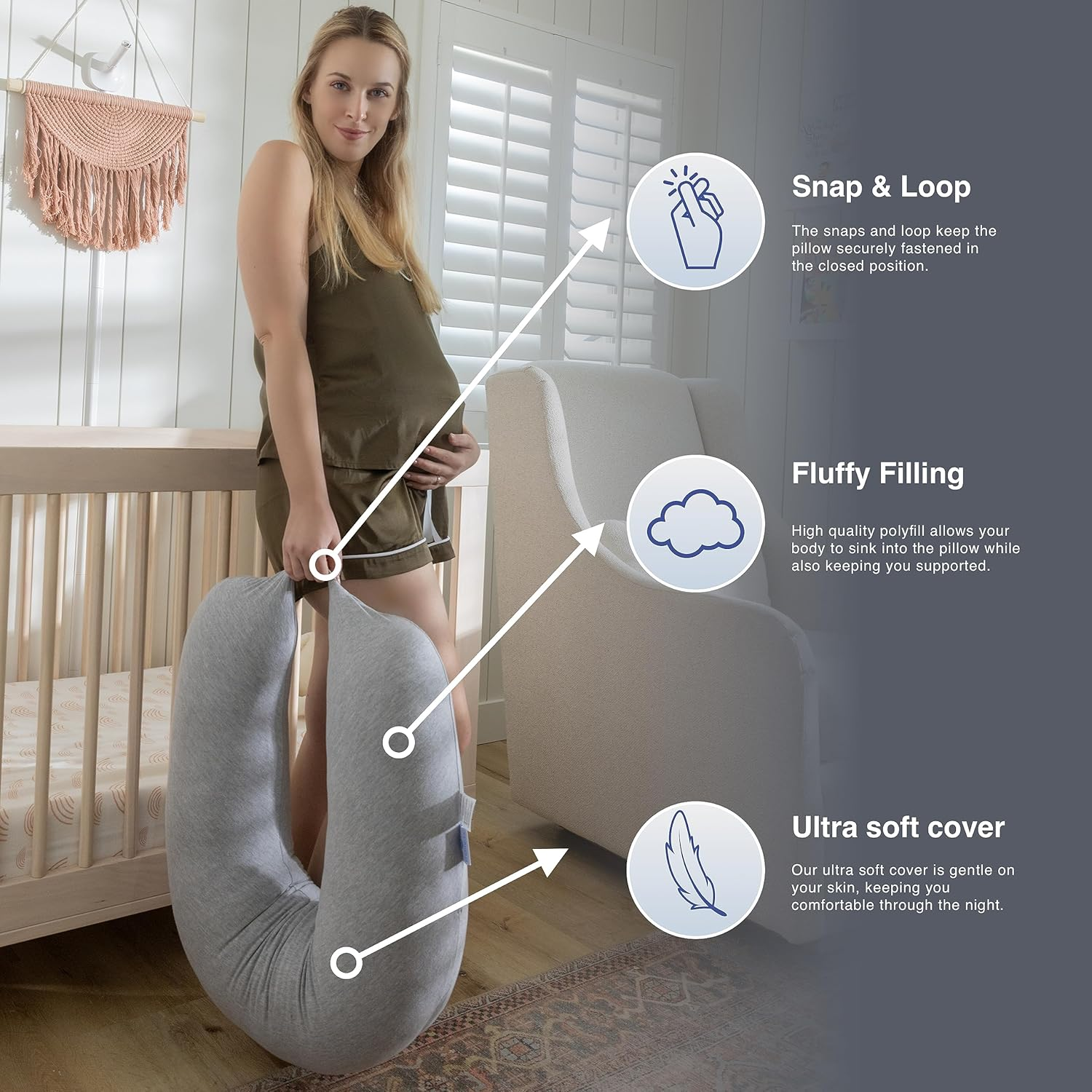 Pharmedoc Pregnancy & Body Crescent Pillow, Maternity & Nursing Pillow, Full Body Support, Machine Washable Cover, Grey Cotton, Regular (39X9X5 Inches)