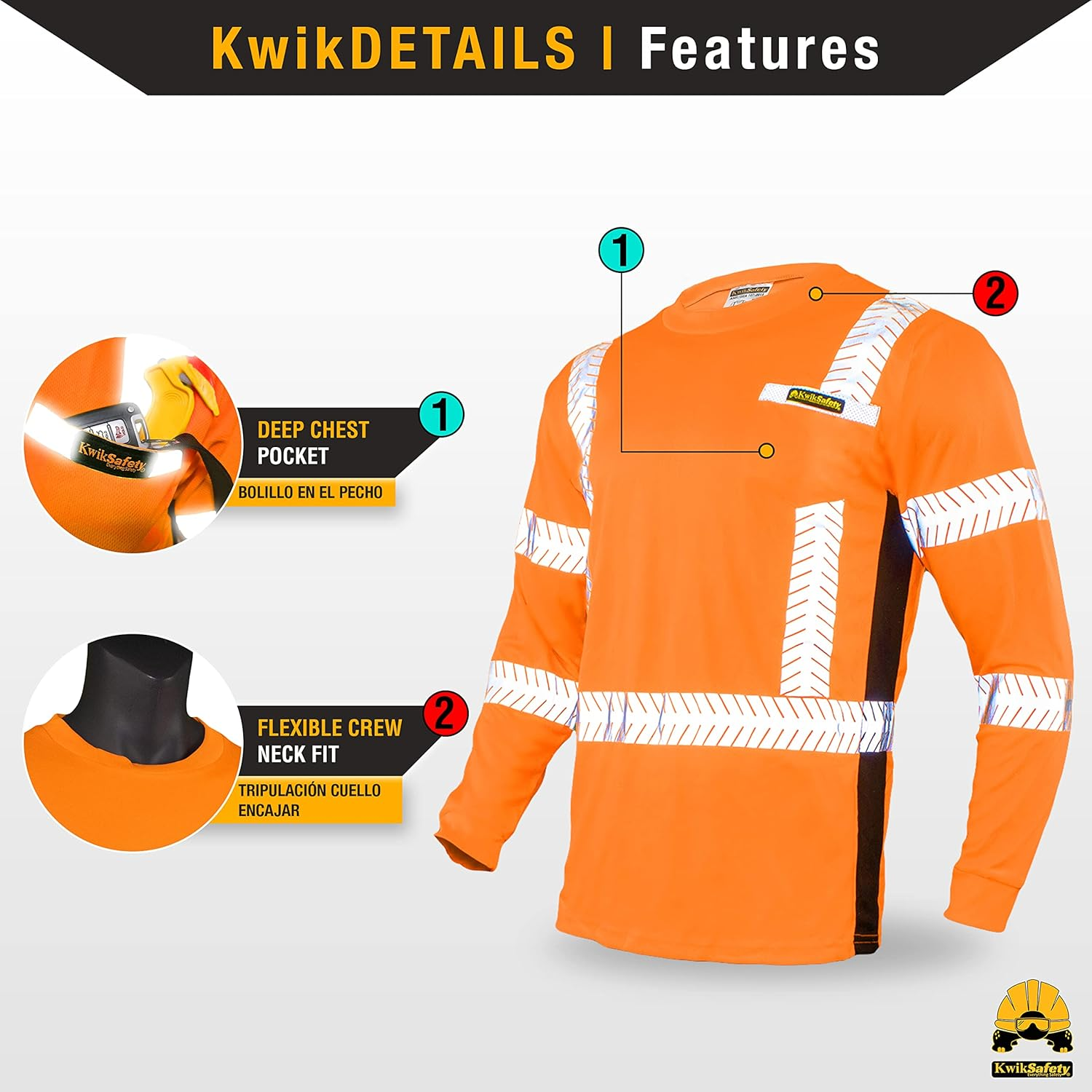 Kwiksafety (Charlotte, NC Renaissance Man | Class 3 Long Sleeve Safety Shirt | ANSI Work Wear | Hi Vis Moisture Wicking Silver Fishbone | Men Women Construction Exercise Security | Orange 3XL image number 4