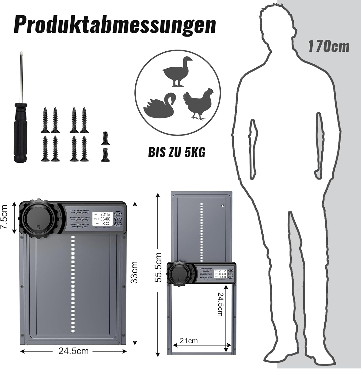CHAMUTY Automatic Aluminium Chicken Coop Door with Display, Evening and Morning Delay Timer, Grey - Black image number 2