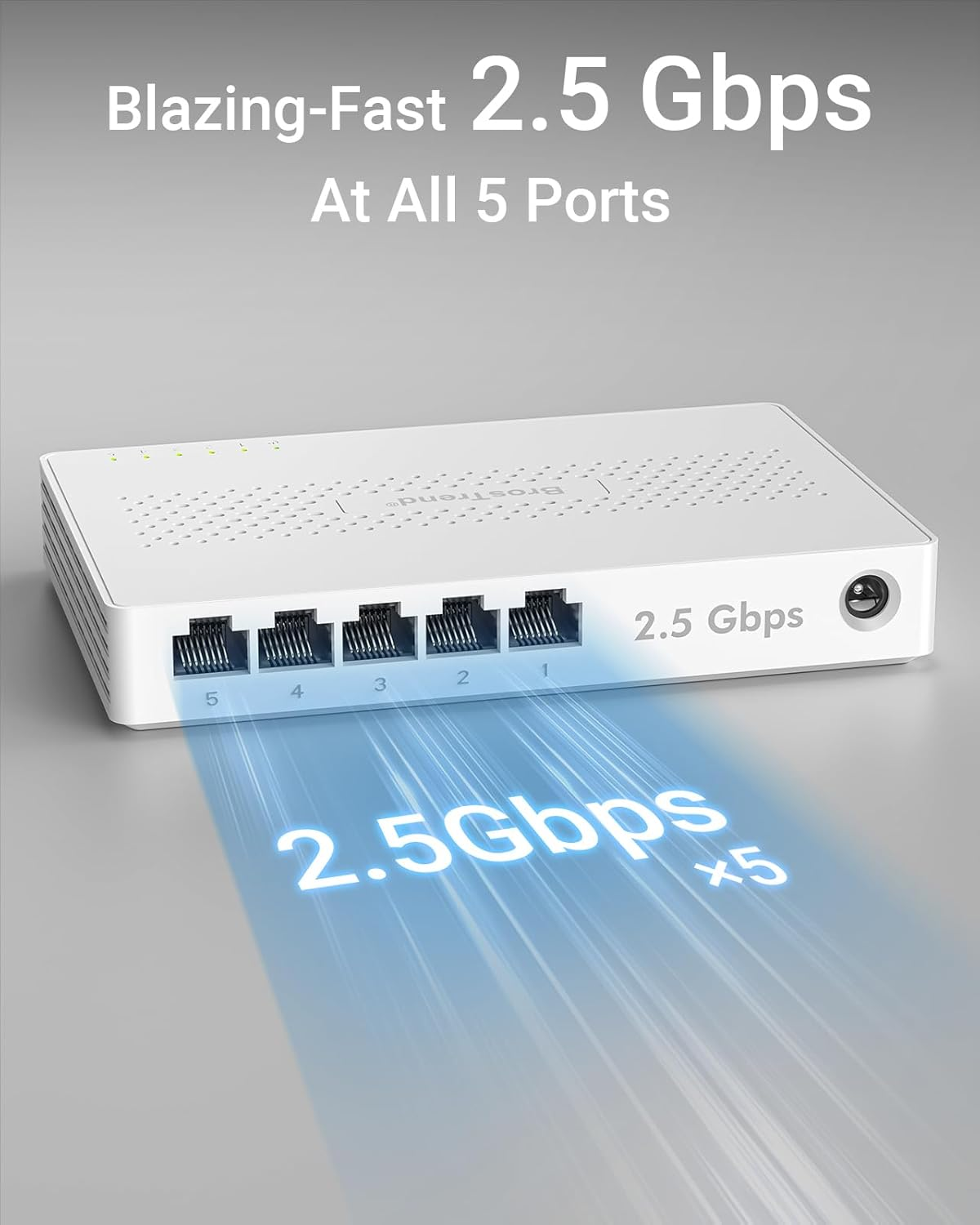 Brostrend 5 Port 2.5Gbe Ethernet Switch Unmanaged Network Switch, 2.5Gbps Bandwidth Ethernet Splitter, Ideal for Gaming & Offices, 4K Video, Fanless Design, Plug & Play, Limited Lifetime Protection